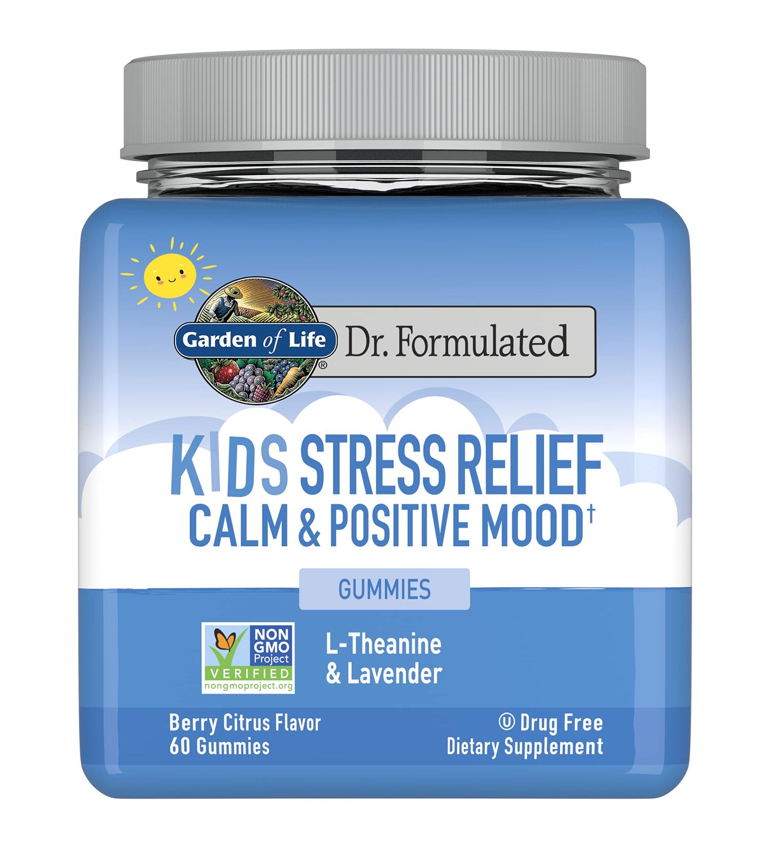 Garden of Life Kids Stress Relief Gummies - Non-GMO Calming Supplement with L-Theanine & Lavender - 60 ct Vegan Energy Support - Dr. Formulated for Positive Mood - Berry Citrus Flavor - Buy Online on GoSupps.com