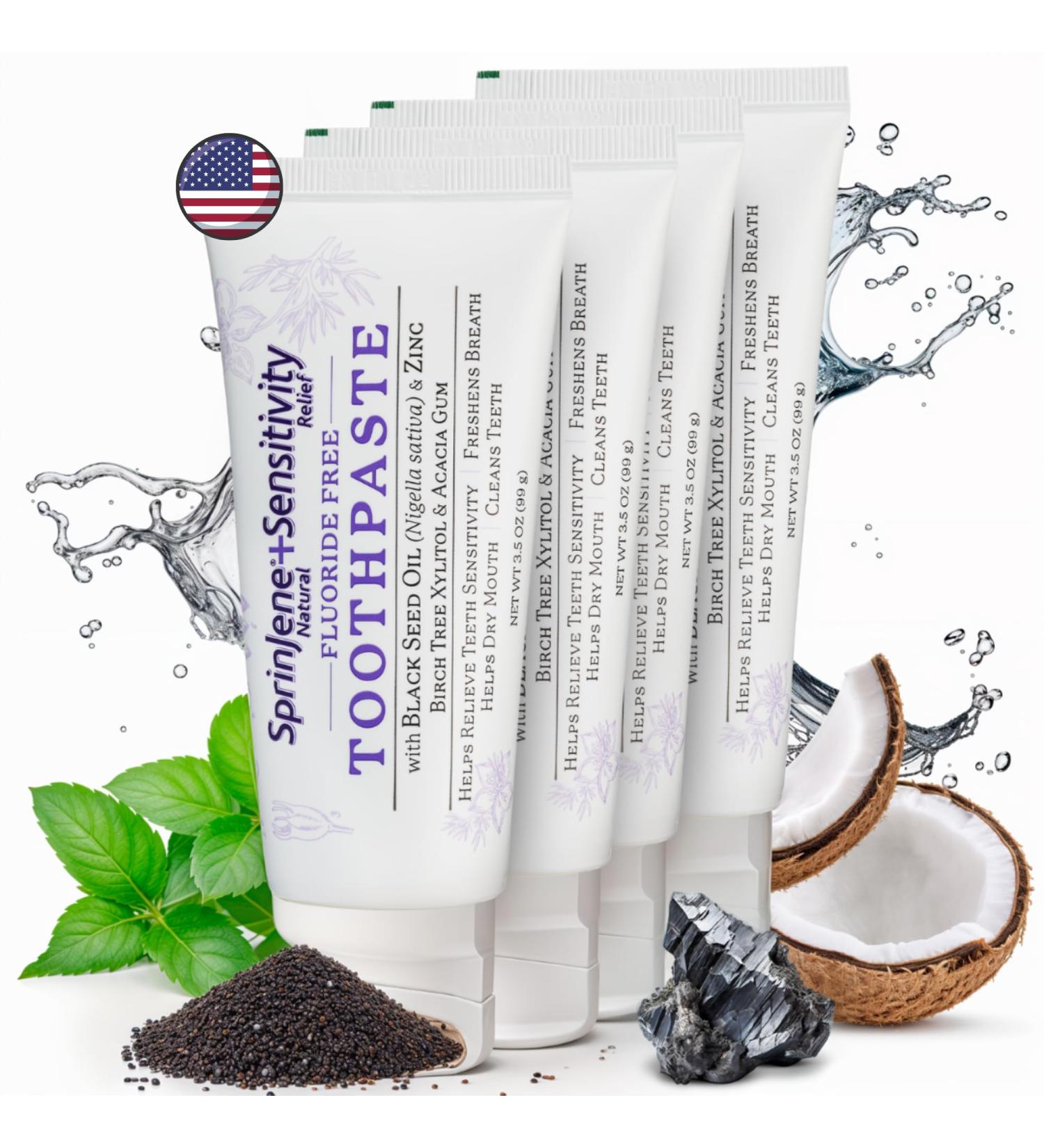 SprinJene Natural Relief pour vos dents sensibles dentifrice sans fluorure pour dents sensibles | Dentifrice naturel pour prot ger contre les caries | Lot de 4 - Buy Online on GoSupps.com