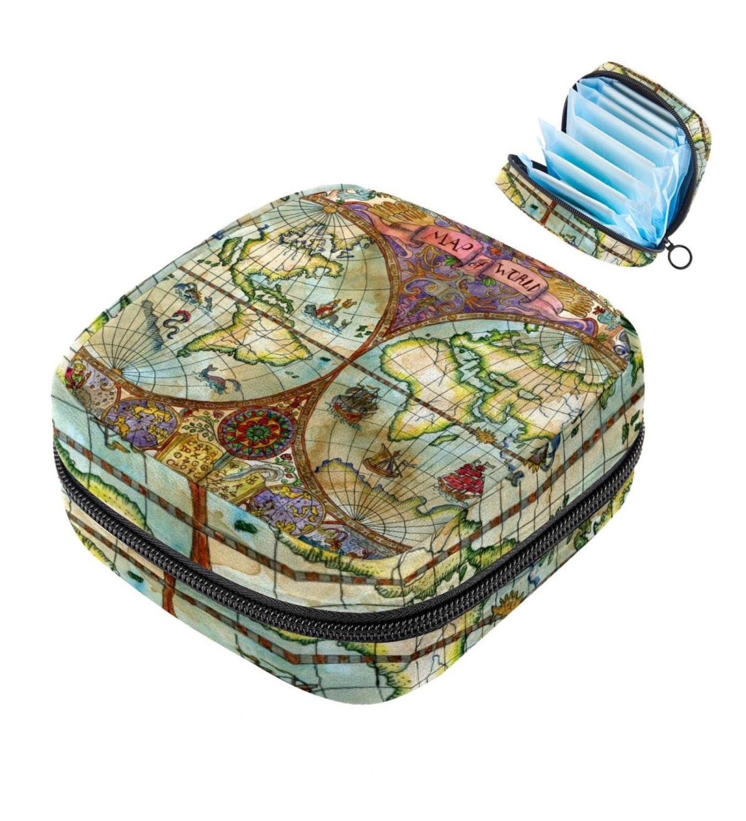 Vintage World Map Sanitary Napkin Storage Bag | Pirate Adventure Pattern | Portable Menstrual Cup Pocket with Zipper for Teens & Women - Buy Online on GoSupps.com