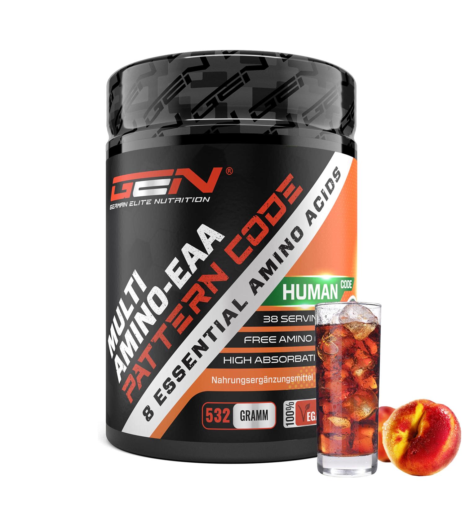 EAA Powder - 532g Ice Tea Peach | All 8 Essential Amino Acids | Vegan Amino Workout Drink | 38 Portions - Human Code Formula - Buy Online on GoSupps.com