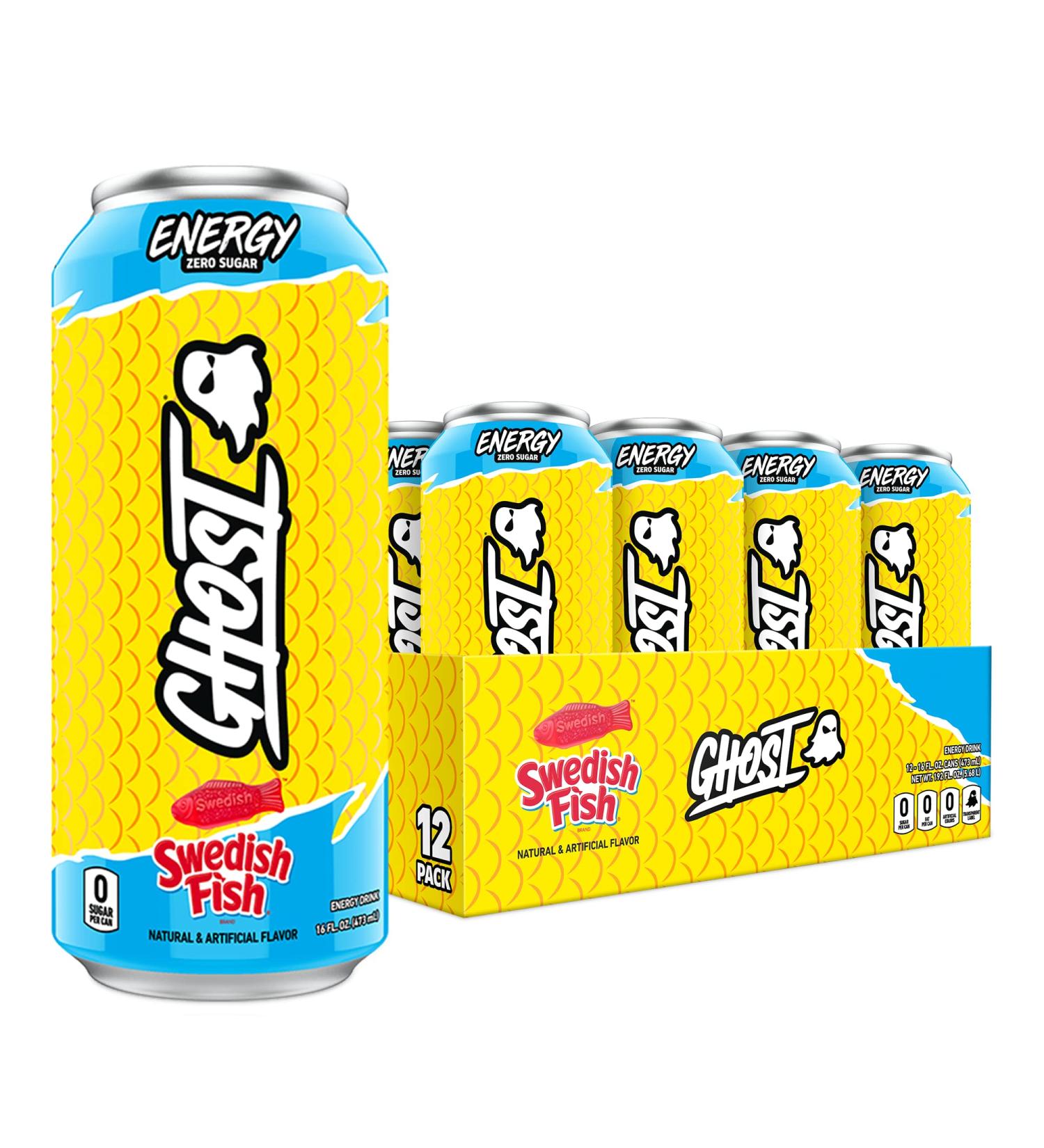 Ghost Energy Sugar-Free Swedish Fish Energy Drink 12-Pack - 16oz Cans - 200mg Natural Caffeine - L-Carnitine & Taurine - Soy & Gluten-Free - Vegan - Buy Online on GoSupps.com