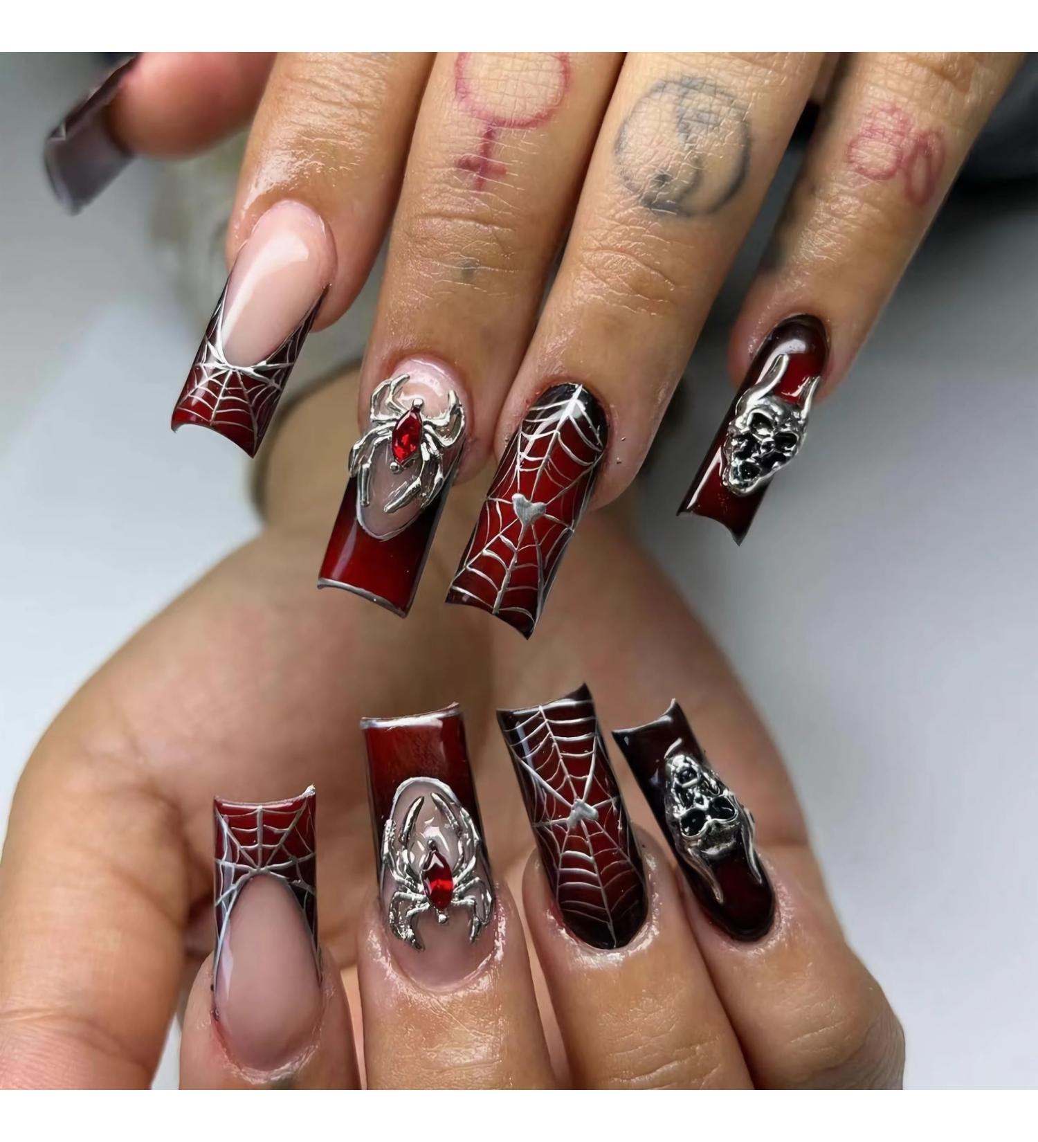 MERVF Dark Red French Tip Long Press on Nails - 24pcs Squoval Acrylics with 3D Spider Web Design | Gothic Charm Glue-on Nails - Buy Online on GoSupps.com