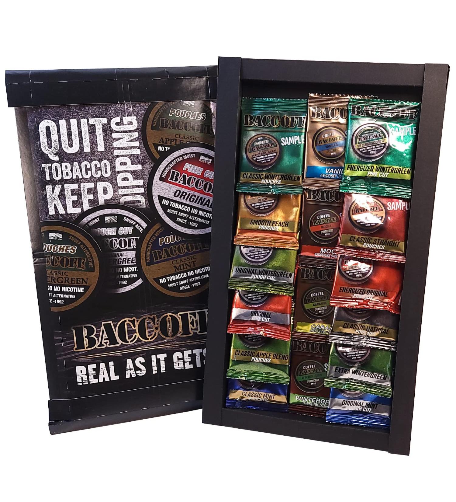 BaccOff Non-Tobacco & Non-Nicotine Smokeless Snuff Tea & Coffee Sampler Pack - 16 Individual Samples - Buy Online on GoSupps.com