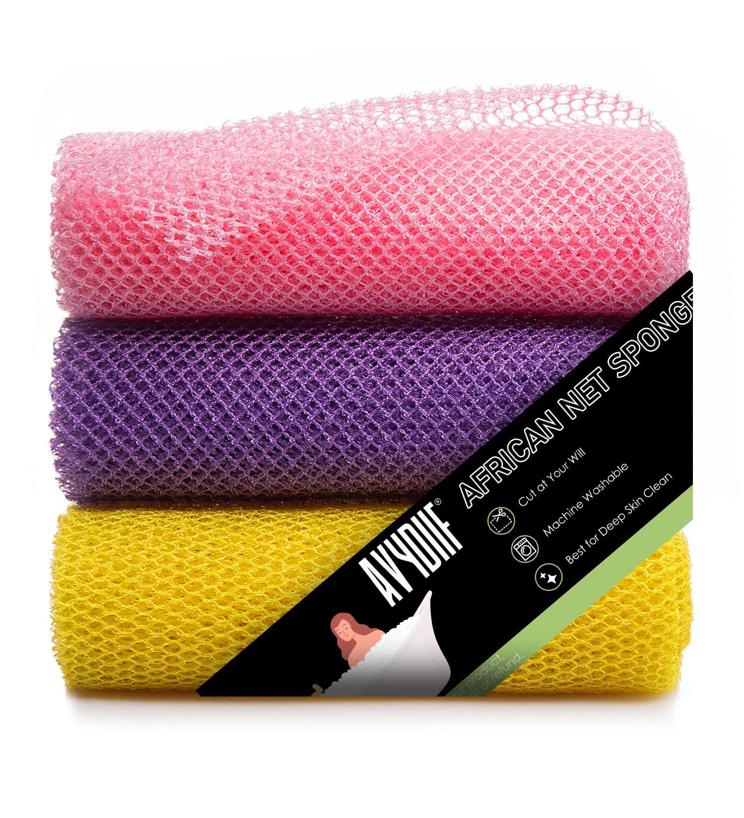 African Net Sponge Bath Sponge 3 PCS - 31.5 Inch Exfoliating Body Scrubber Set for Shower - Pink Yellow Purple - Buy Online on GoSupps.com