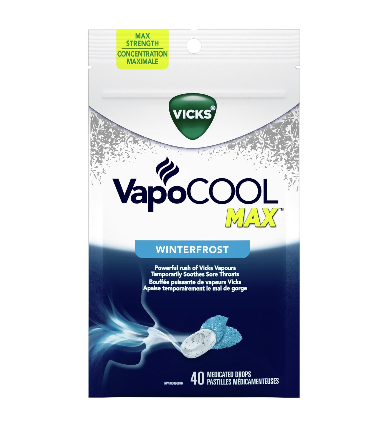 Vicks VapoCOOL Max Medicated Drops for Temporary Cough and Sore Throat Relief Lozenges Winterfrost Flavour 40 Count - Buy Online on GoSupps.com