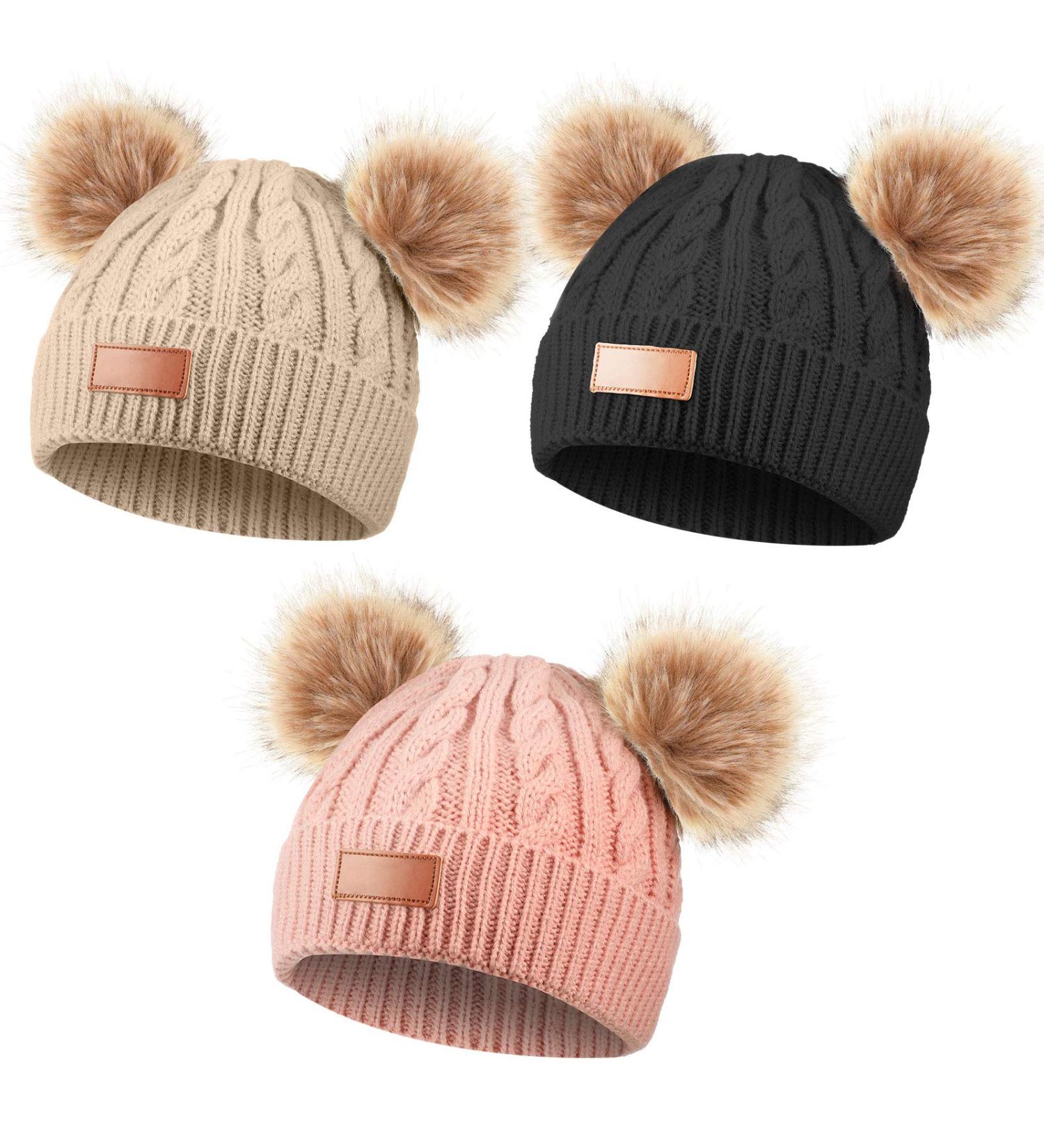 Kids Winter Pom Pom Hat Set - 3 Piece Knitted Ski Beanie Cap for Boys & Girls 1-3 Years Old - Black, Khaki, Pink - Buy Online on GoSupps.com