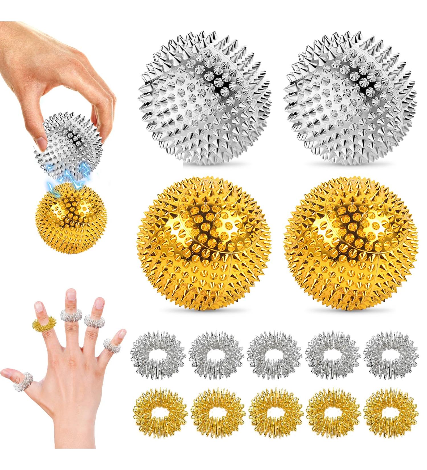 Nizirioo 4-Piece Magnetic Acupressure Balls Set - Hedgehog Massage Balls with 10 Rings for Stress Relief - Gold & Silver - Buy Online on GoSupps.com