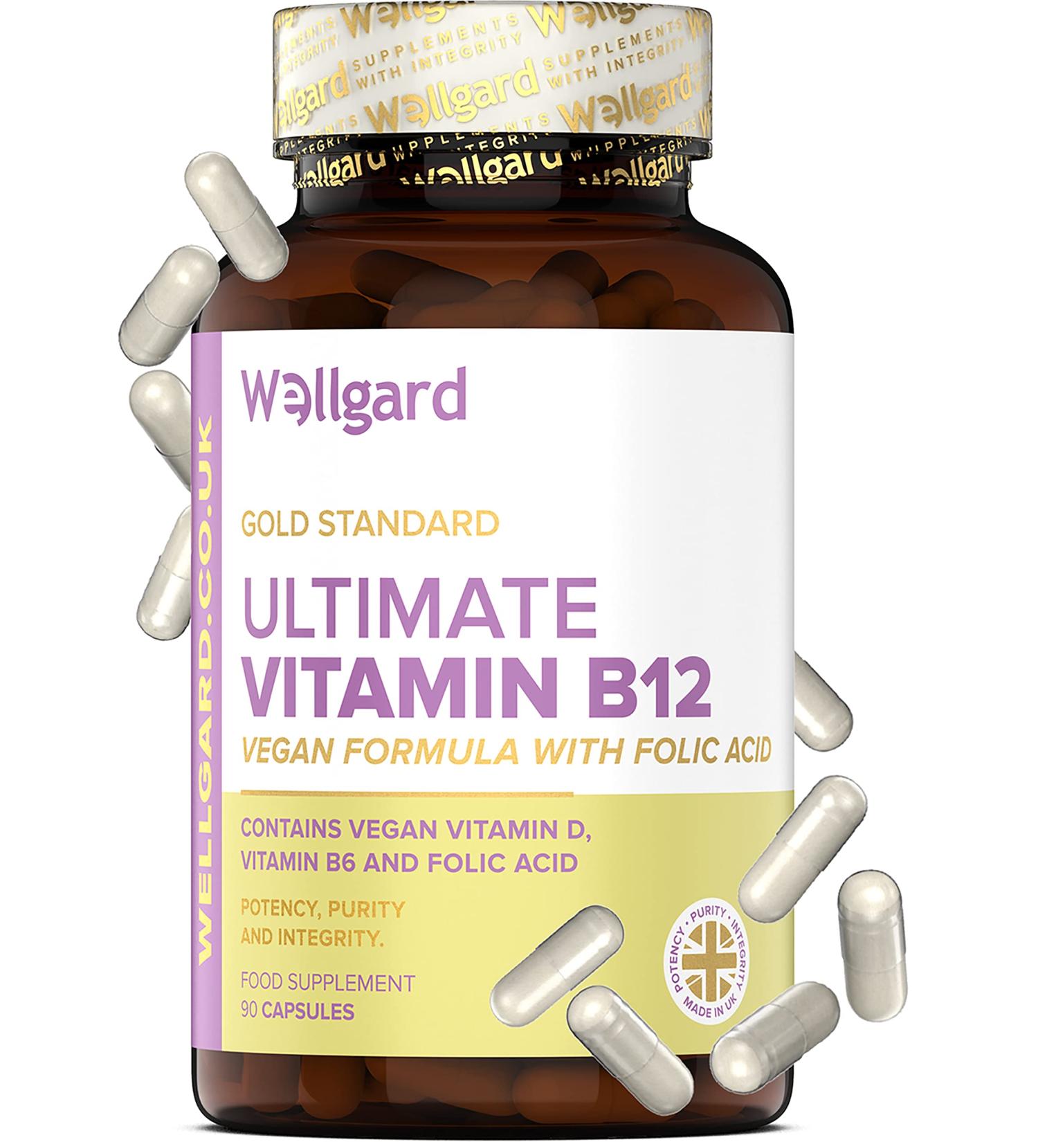 Wellgard Vegan Vitamin B12 High Strength Supplement - Folic Acid, Vitamin B6 & D3 - Made in UK - Buy Online on GoSupps.com