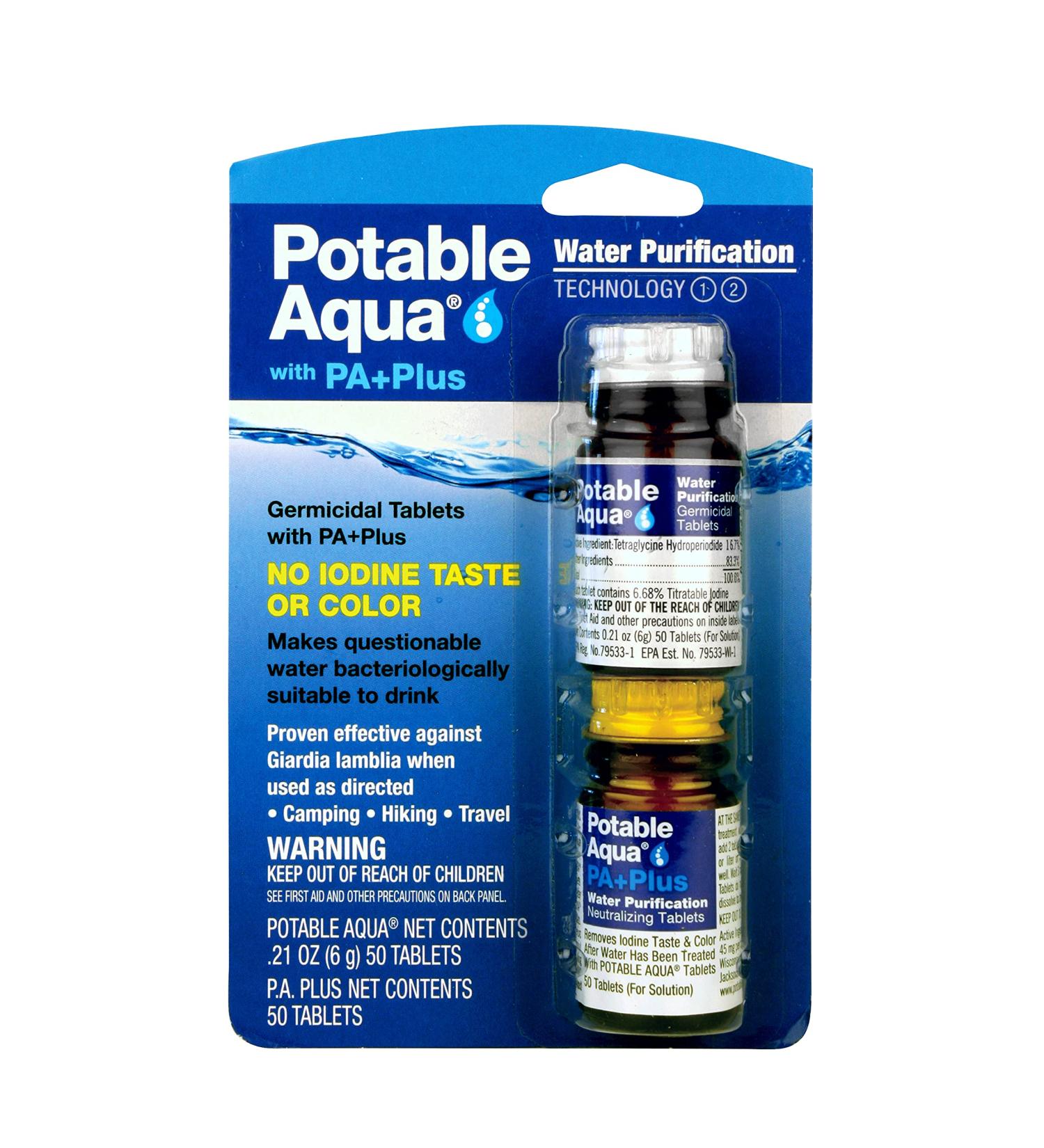 Potable Aqua Water Purification Tablets with PA Plus - Portable Solution for Camping, Hiking, Emergencies & Travel - 100 Tablets - Buy Online on GoSupps.com