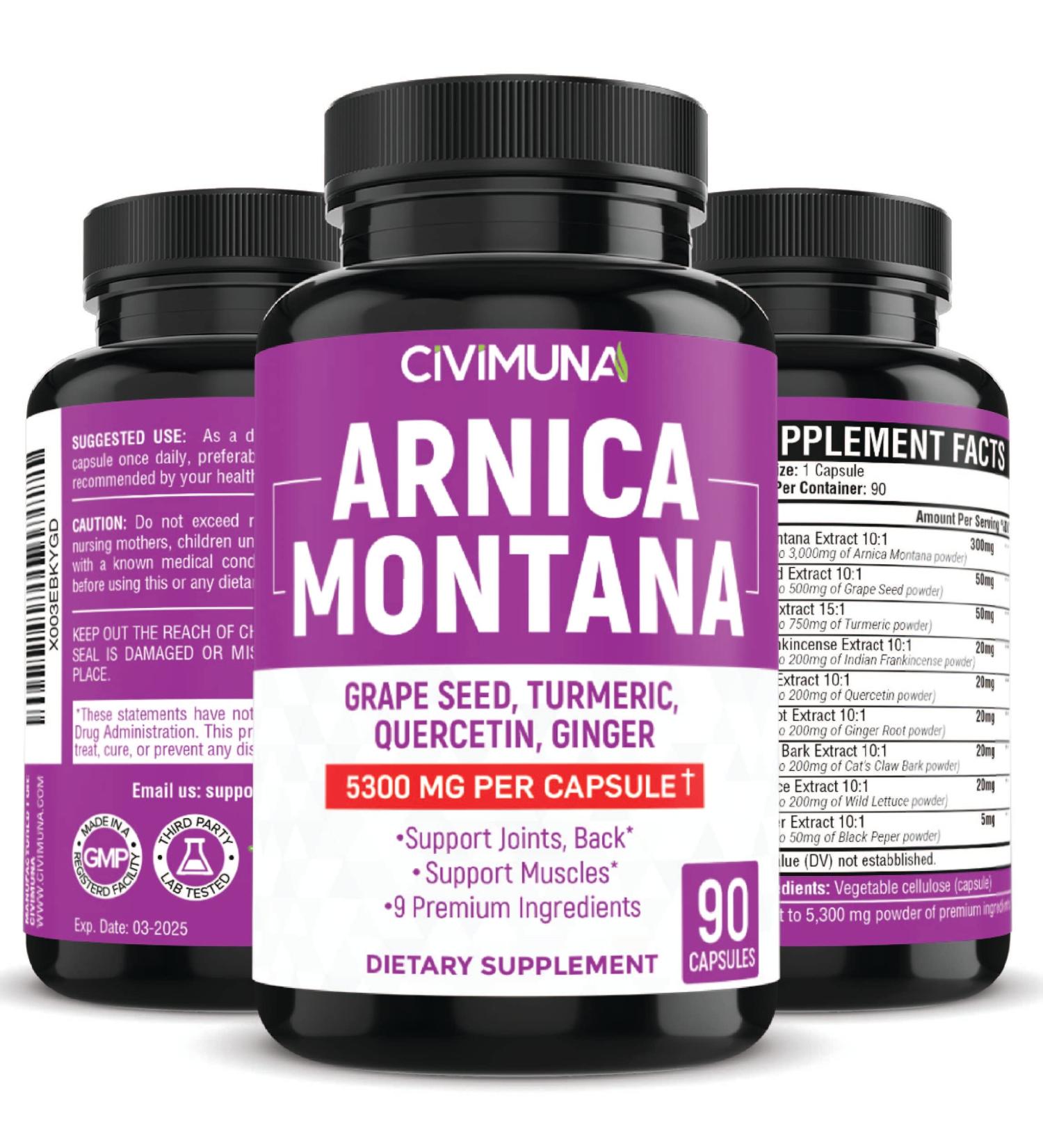 Arnica Capsules 5300mg - Natural Pain Relief with Grape Seed & Turmeric - 3 Month Supply | International Shipping Available - Buy Online on GoSupps.com