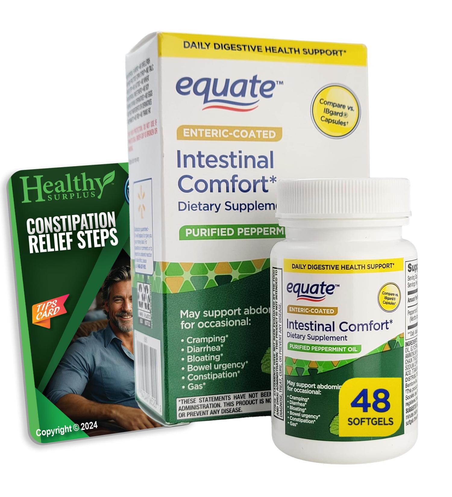 Equate Peppermint 48 Softgels 180 mg - Daily Digestive Health Support and Vital Volumes Tips Card - Buy Online on GoSupps.com