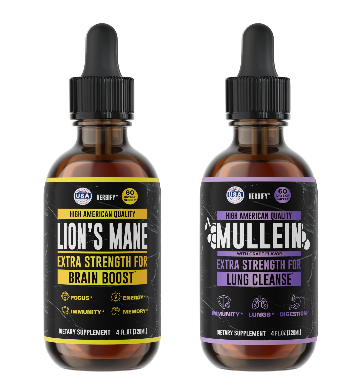 HERBIFY Bundle - Lions Mane & Mullein Grape 4 Fl Oz Drops - Supplement for Memory Focus & Clarity & Immune Support Lung Cleanse and Bronchial Support - Buy Online on GoSupps.com