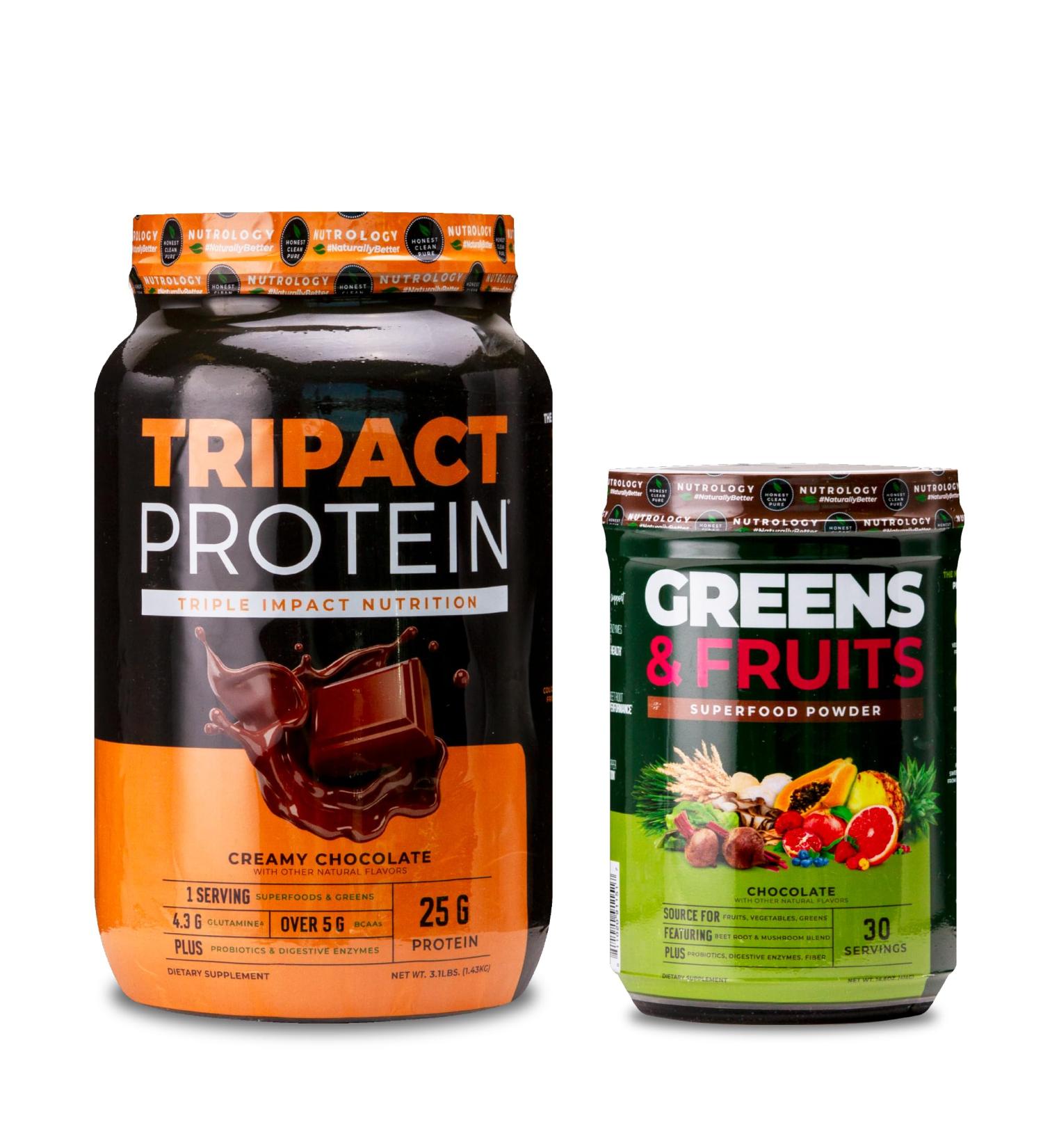 Nutrology TRIPACT Protein Powder 7-in-1 Meal Replacement Shake Creamy Chocolate (40 Servings) Greens & Fruits Powder-Naturally Sourced Superfood Chocolate (30 Servings) - Buy Online on GoSupps.com