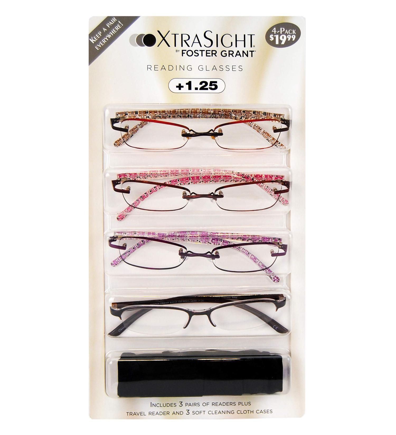 Foster Grant 3 Pack Xtrasight Daniella Frameless Reading Glasses W/3 Soft Cases (Purple 1.25) Bonus Travel Reader