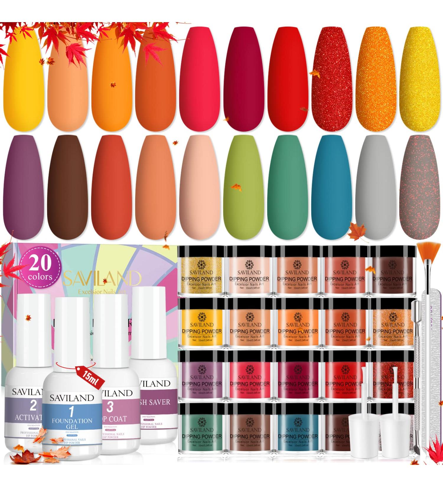 Saviland Dip Powder Nail Kit- 20 Colors for Fall Nail Art | Base&Top Coat, Activator, Brush Saver | French & Halloween Nails Design | Manicure Tool Set - Buy Online on GoSupps.com