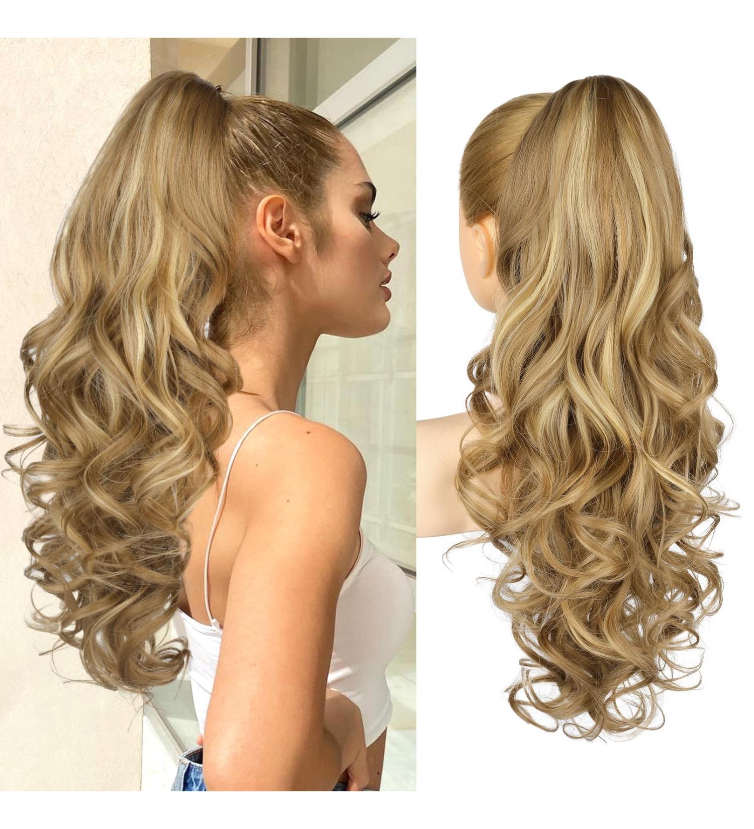REECHO 24" Ponytail Extension - Claw Clip In Long Curly Wavy Ponytail for Women - Medium Blonde with Highlights - Buy Online on GoSupps.com