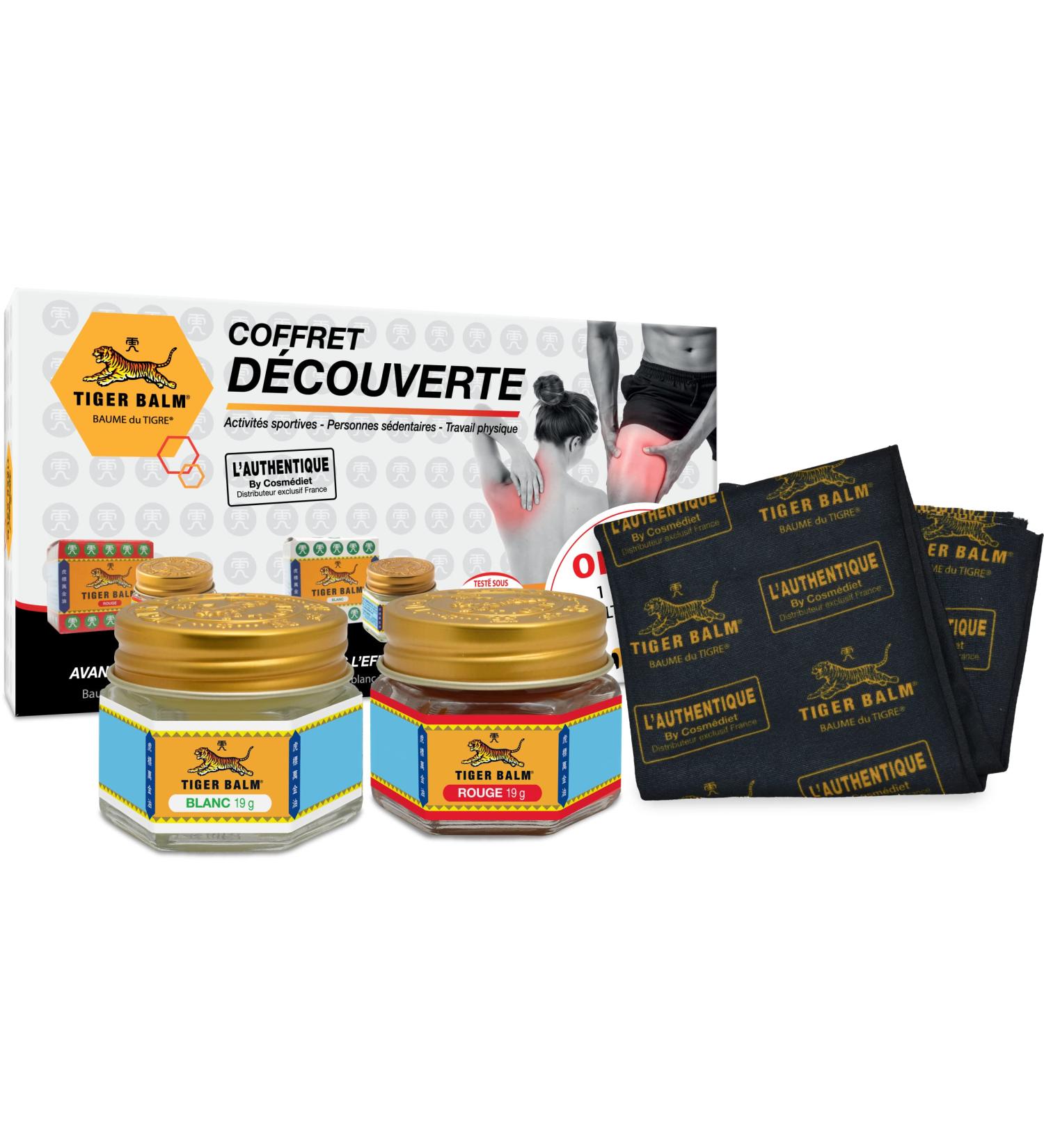 Tiger Balm - Coffret D couverte - Baumes effet chauffant et effet froid - Pour sportifs ou au quotidien en massage - 1 baume Rouge 19 g 1 baume Blanc 19 g 1 charpe multifonctions offerte - Buy Online on GoSupps.com