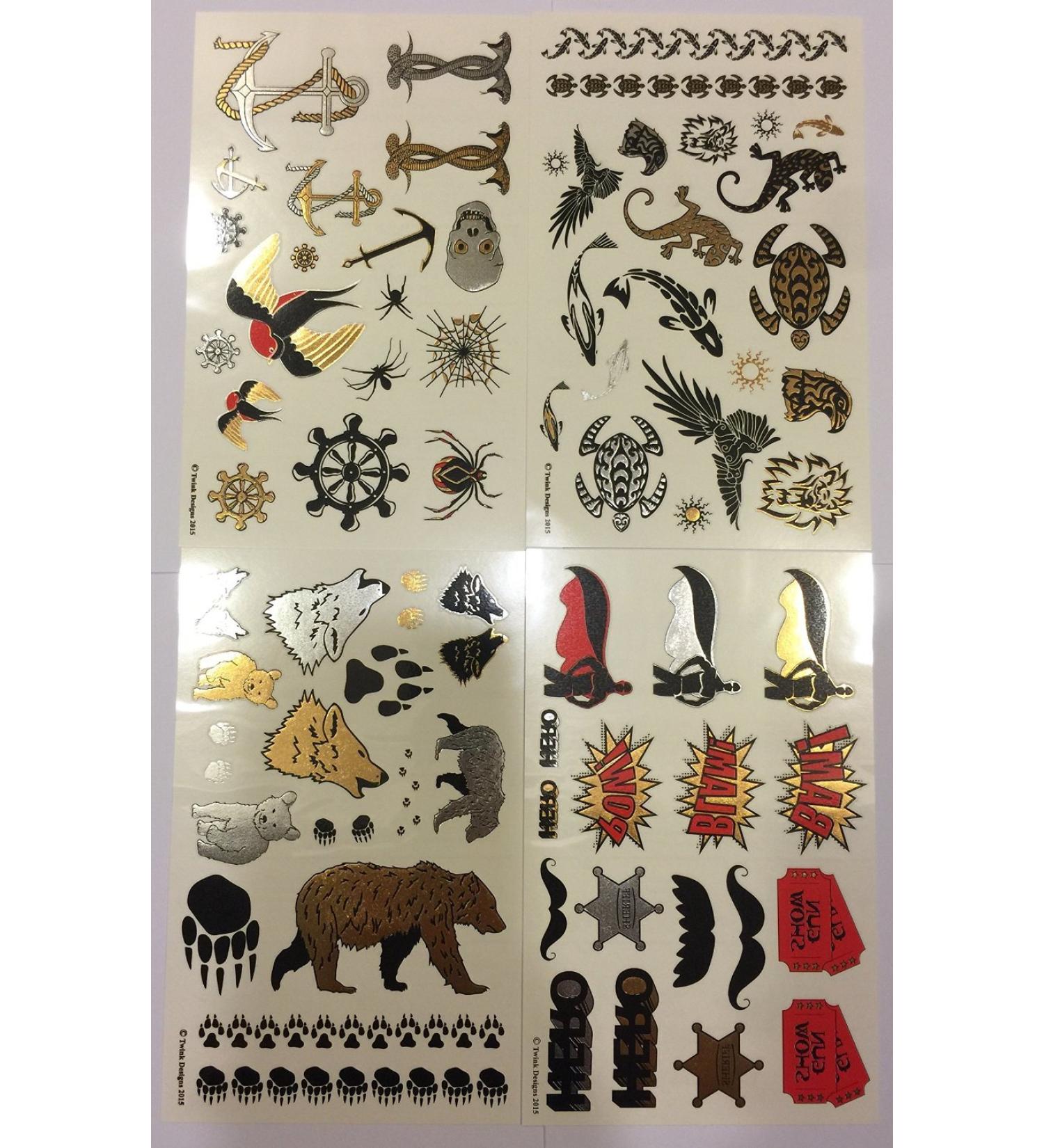 Fun Metallic Temporary Tattoos for Boys and Girls | 77 Tattoos on 4 Sheets | Black, Silver, Red & Gold | Bears, Wolves, Turtles, Lizards and More | Twink Designs - Buy Online on GoSupps.com