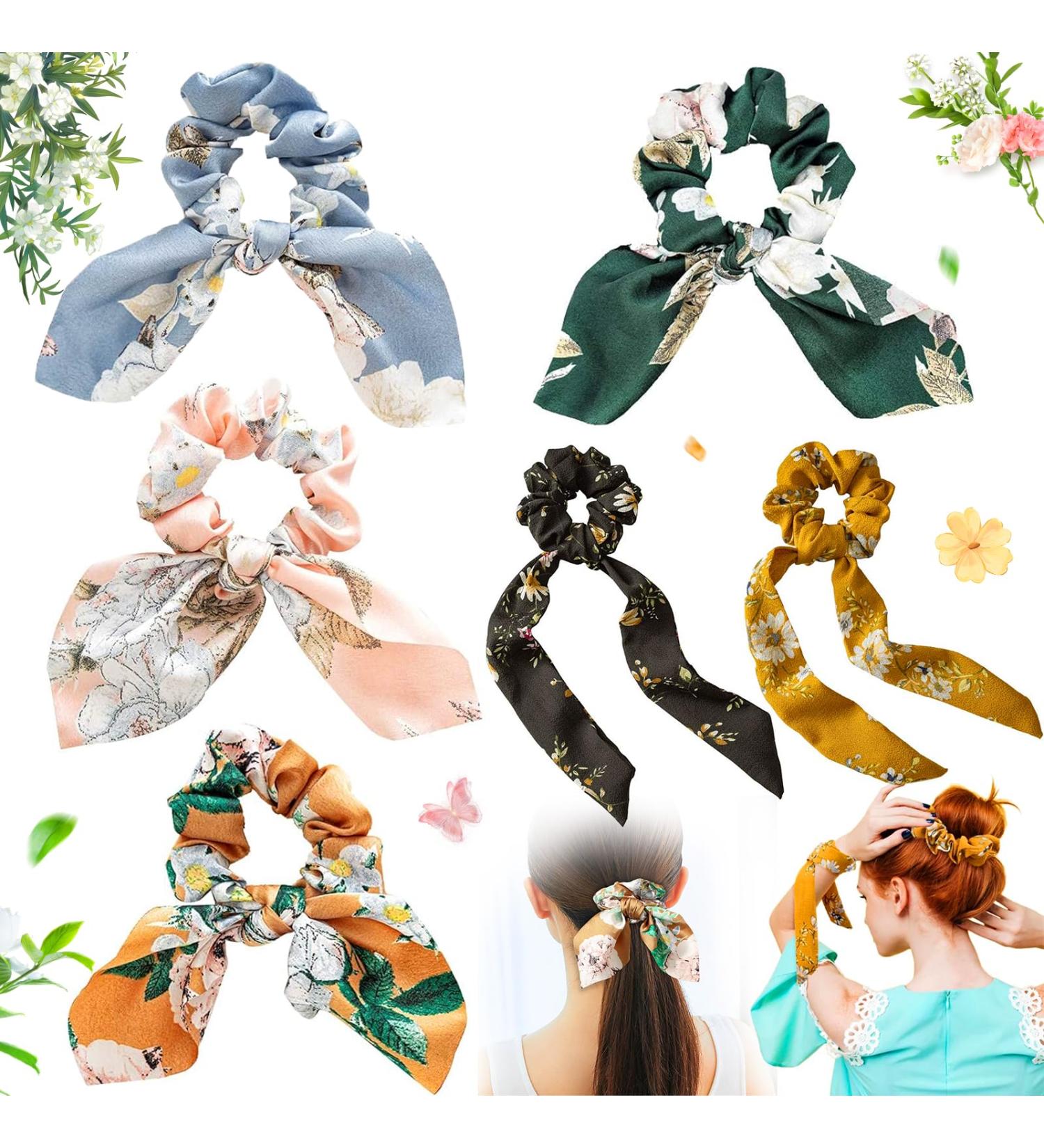 Benaton 6-Piece Chiffon Bowknot Hair Ties | Vintage Floral Ponytail Holders for Girls & Women - 6 Color Styles - Buy Online on GoSupps.com