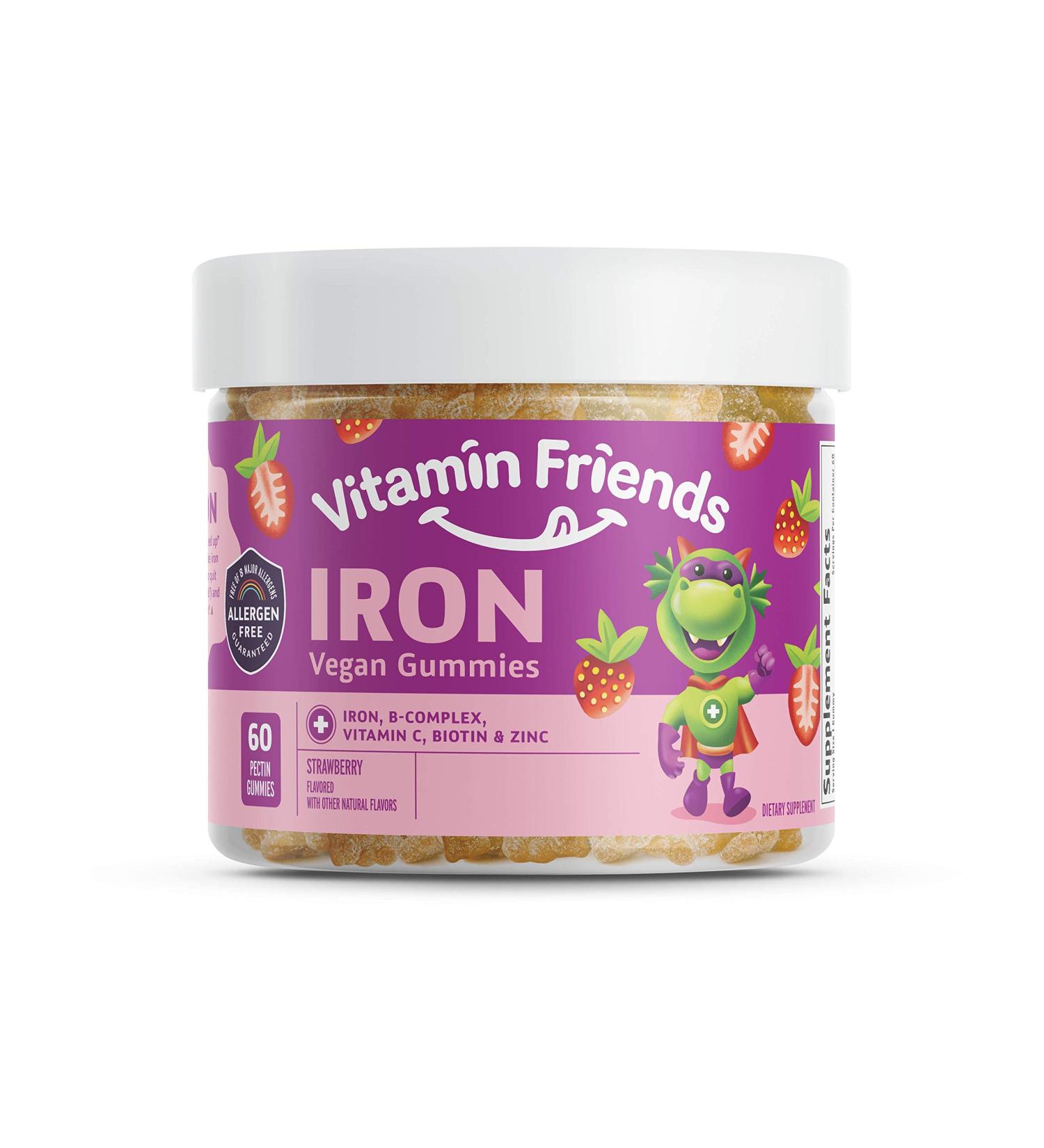 Vitamin Friends Vegan Multivitamin & Iron Gummies for Kids - B-Complex, Vitamin C, Zinc, Biotin - Anemia Support - Strawberry Flavor - 60 Day Supply - Buy Online on GoSupps.com