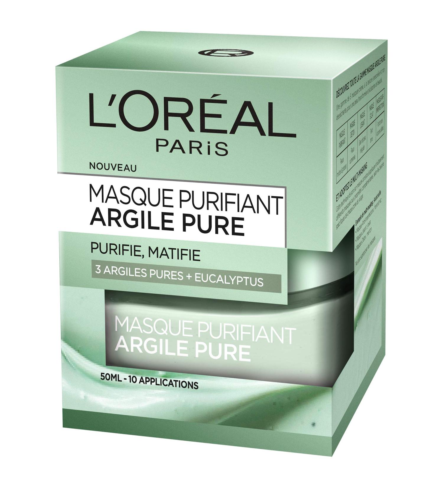 L Or al Paris - Purifying Face Clay Mask - Mattifying & Anti-Fatigue Treatment - With 3 Pure Clays & Eucalyptus Extracts - Fast & Visible Results - All Skin Types - 50 ml - Buy Online on GoSupps.com