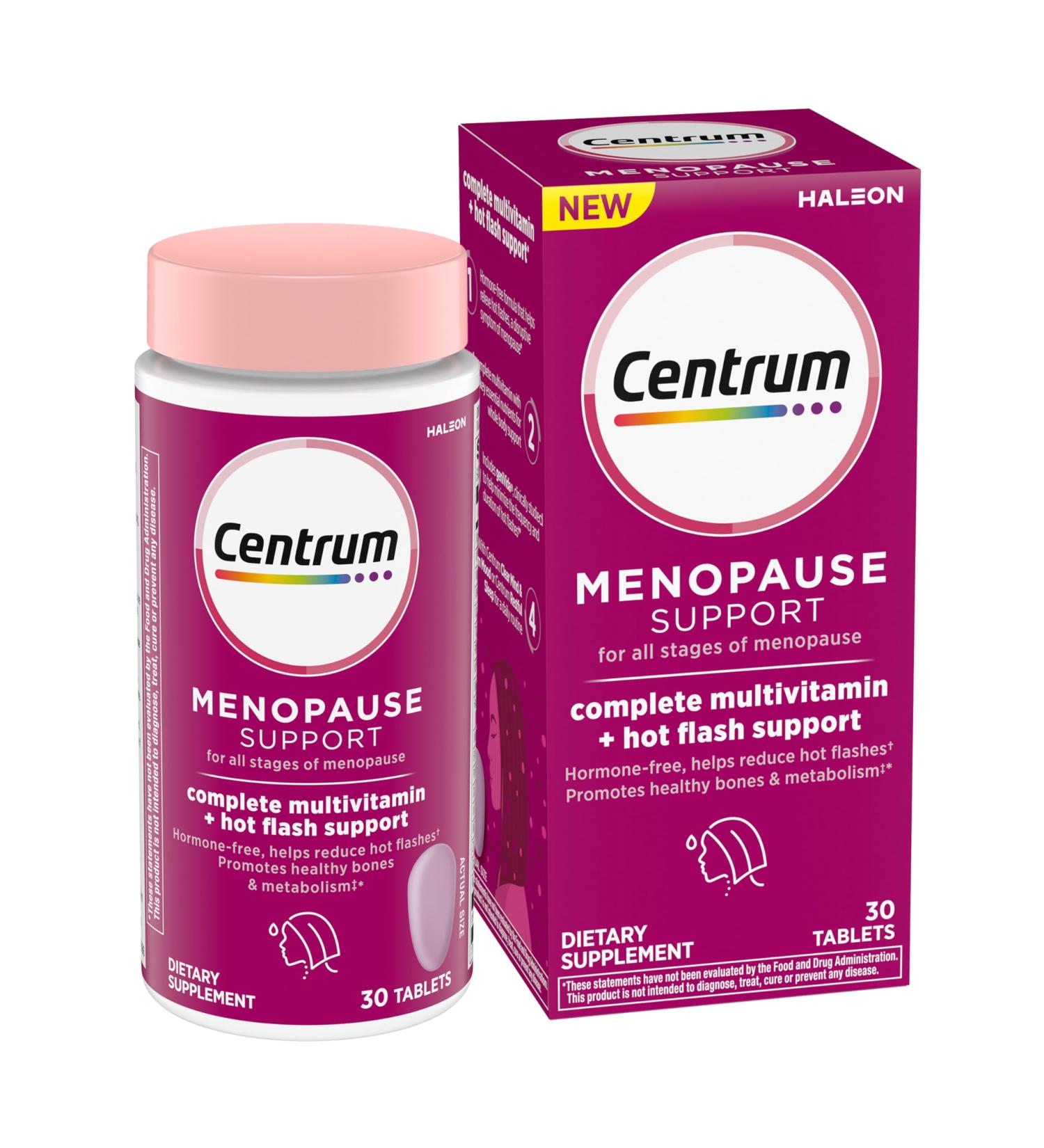 Centrum Complete Multivitamin Supplement + Hot Flash Support Menopause Support Tablets, with Clinically Studied geniVida, 30 Count - Buy Online on GoSupps.com