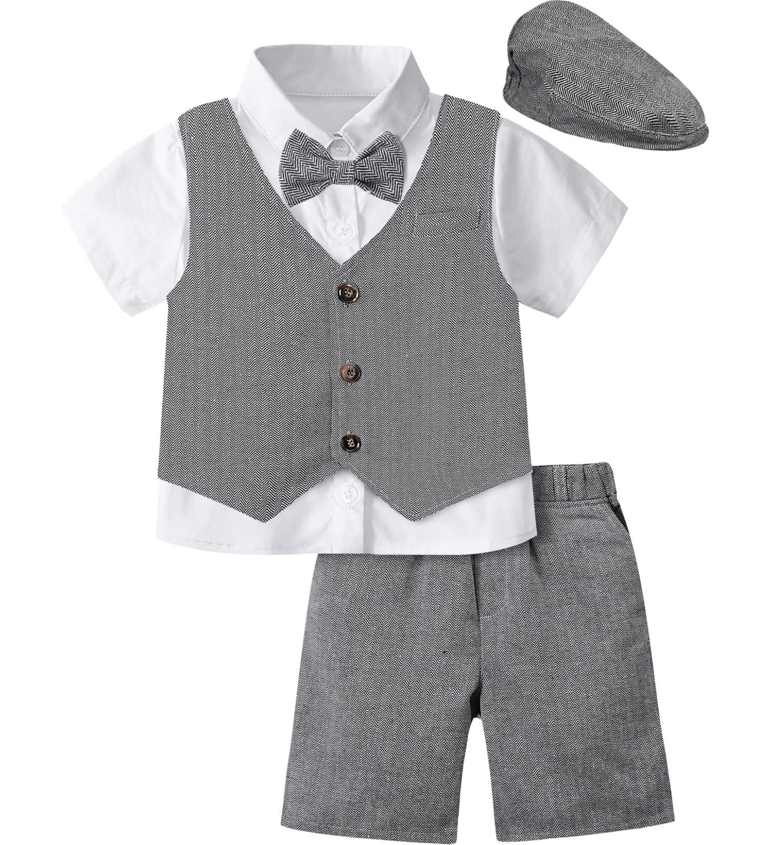 Mint Green 4pcs Baby Boy Gentleman Suit Set | Shirt, Bowtie, Waistcoat, Trousers, Hat | 2-3 Years Grey Black - Buy Online on GoSupps.com