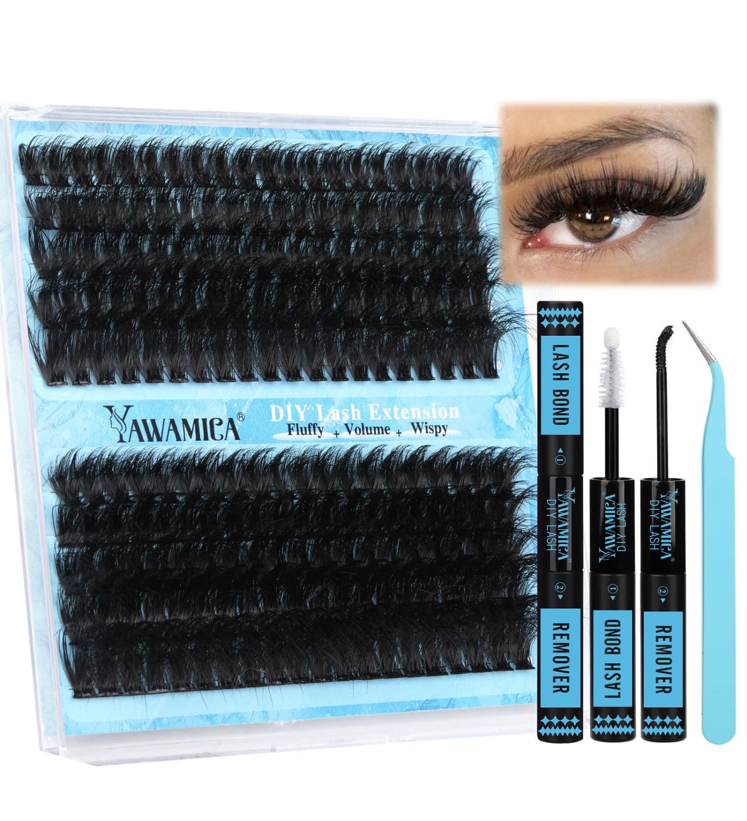Yawamica Lash Extension Kit - Fluffy 150D & 200D Lash Clusters | 12-20mm Individual Lashes | DIY Eyelash Extension Set with Bond Remover & Applicator - Buy Online on GoSupps.com