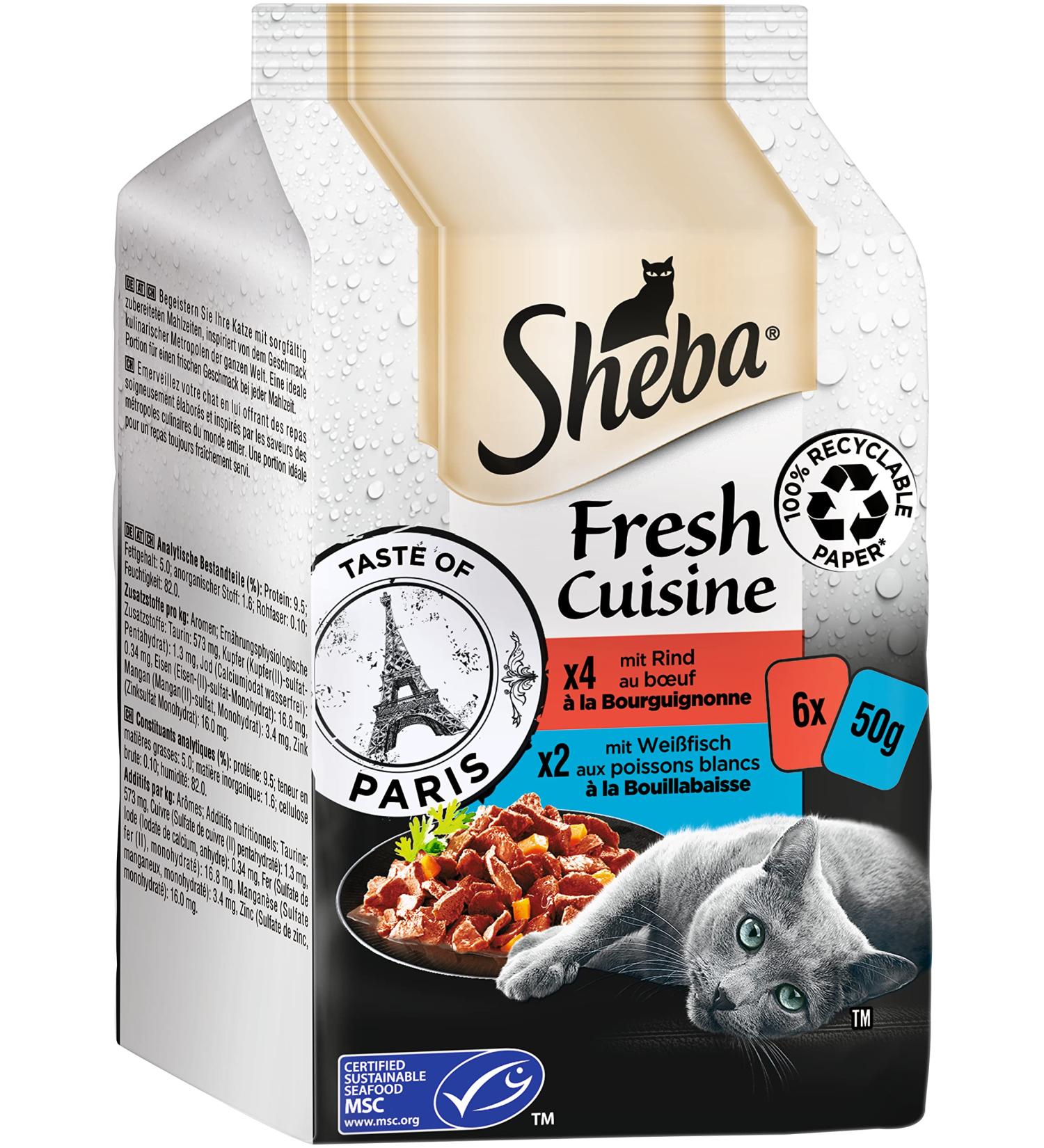 Sheba Katznassfutter Fresh Cuisine Taste of Paris - 36 Portion Bags (6x50g) Wet Cat Food with Beef & White Fish (MSC Certified) - Premium Cat Food for International Shipping - Buy Online on GoSupps.com