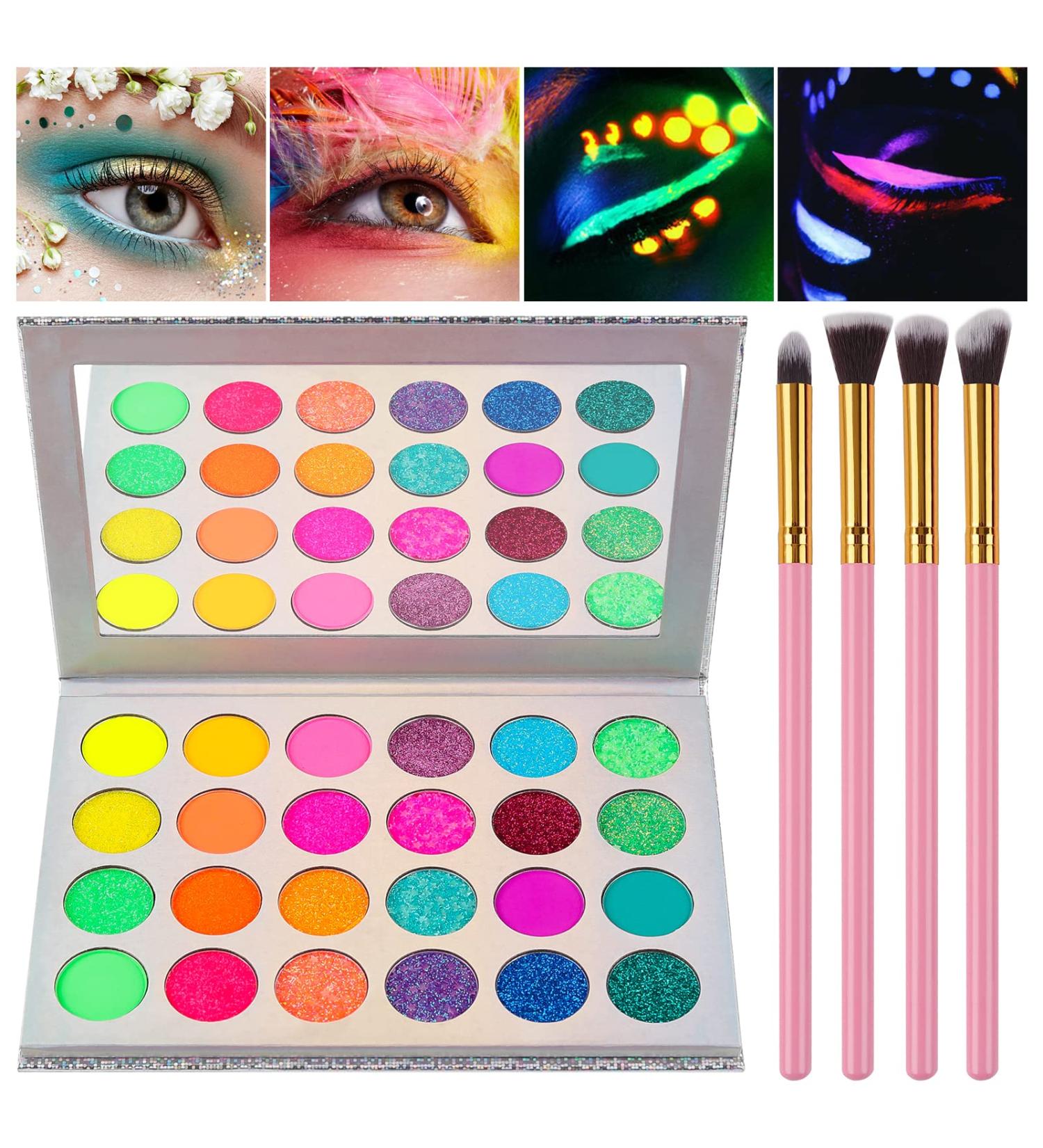 Kalolary Neon Eyeshadow Palette - 24 Highly Pigmented Matte & Sparkling Colors Glows in the Dark UV Blacklight with 4 Pink Brushes - International Shipping Available - Buy Online on GoSupps.com