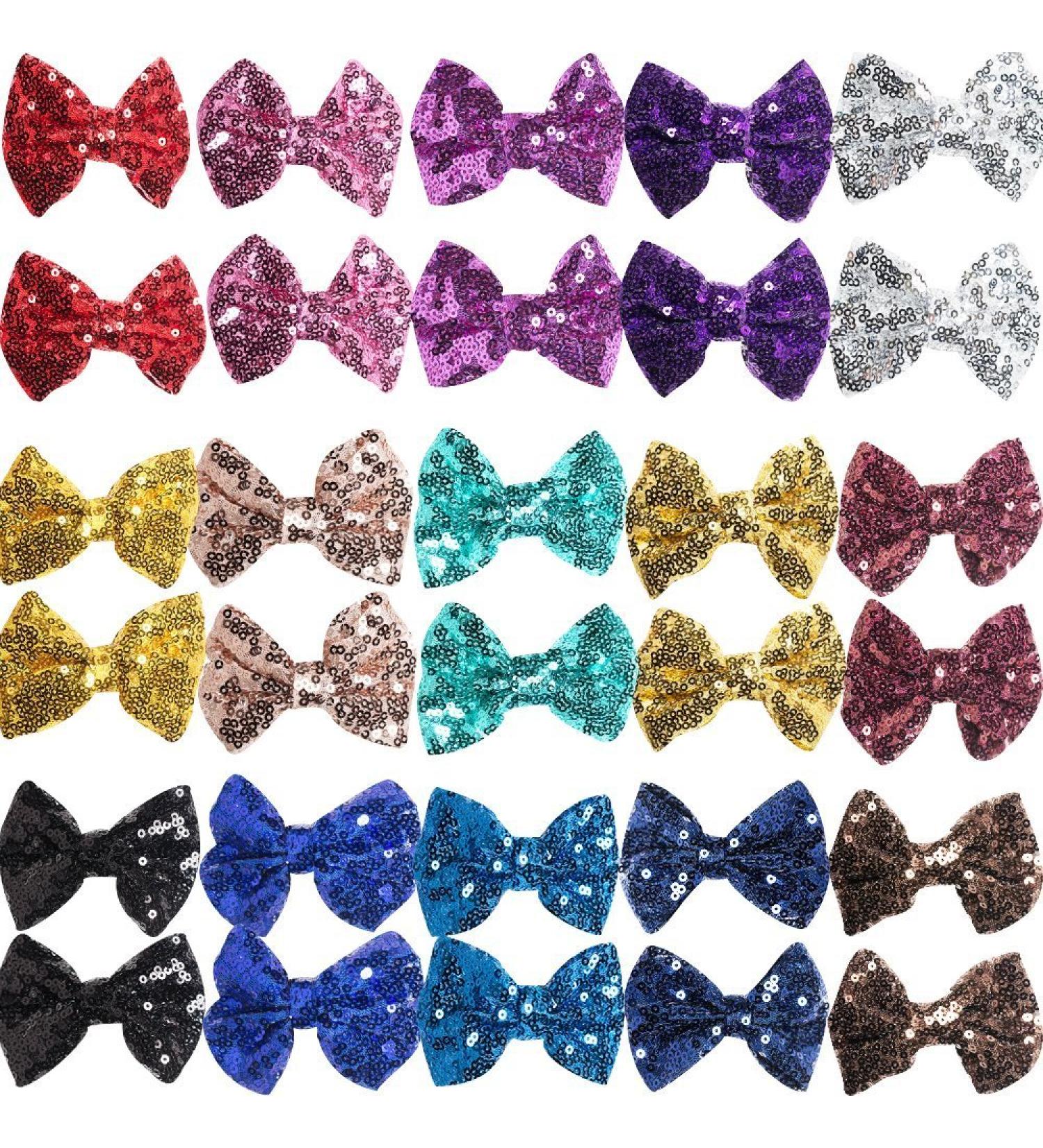 Sparkling Glitter Bow Clips Set for Girls - 30pc Pack of 4 Inch Sequin Hair Bows for Baby, Children, Toddlers - Perfect for Parties and Festivals - Buy Online on GoSupps.com