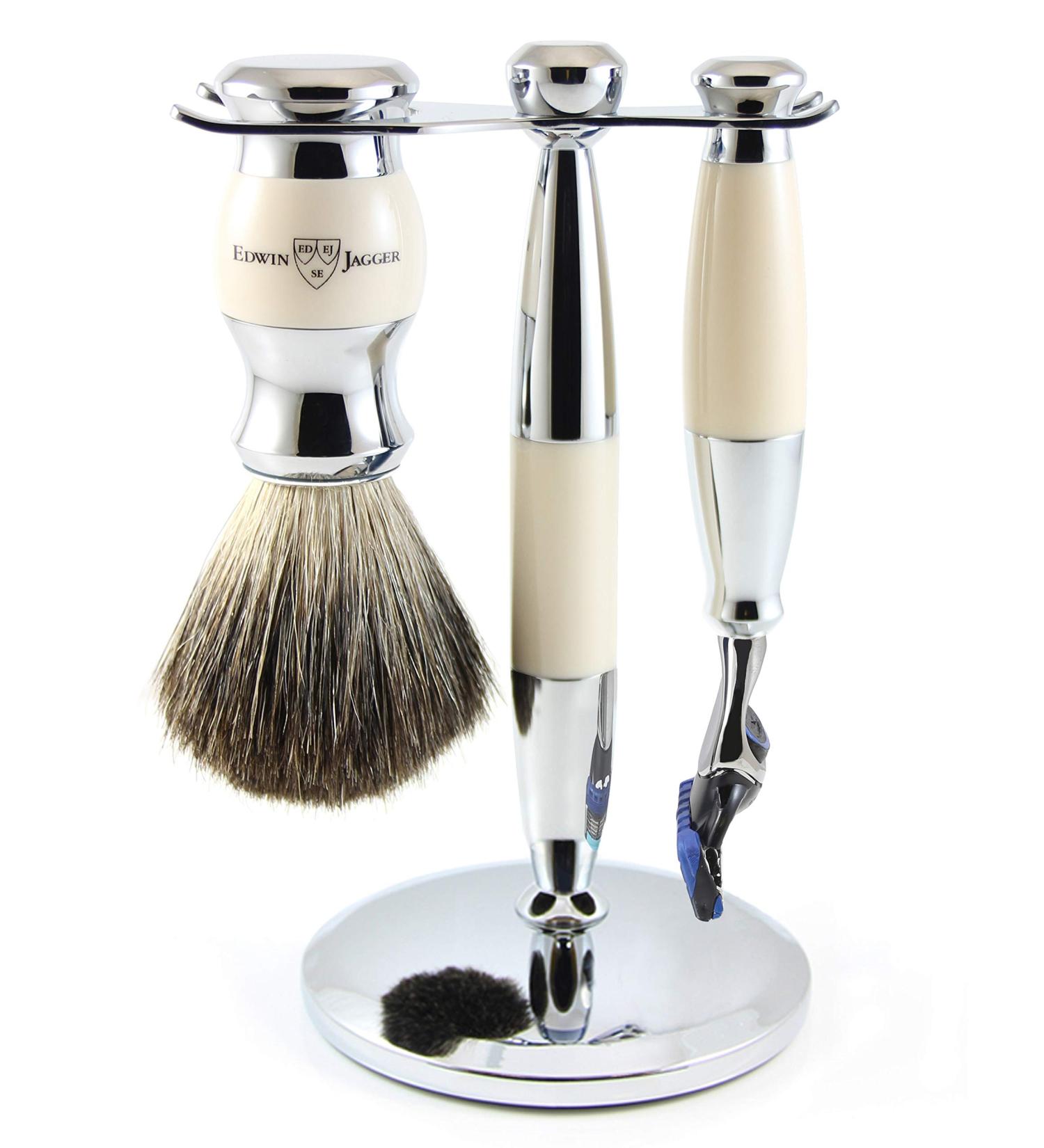 Edwin Jagger 3-Piece Shaving Set - Pure Badger Hair Brush for Fusion Blades - Ivory Imitation | Premium International Shipping - Buy Online on GoSupps.com