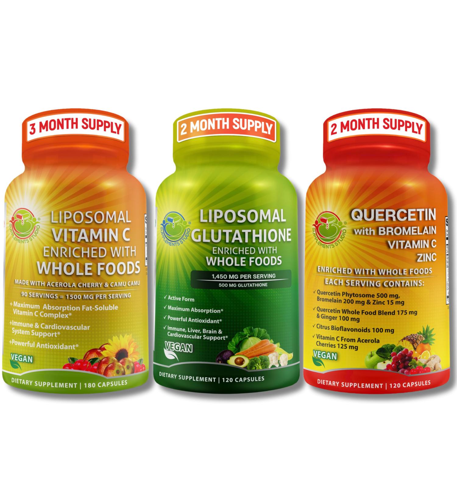 Complete Plant-Based Antioxidant & Immune Support Bundle - Liposomal Vitamin C 1500mg + Liposomal Glutathione 500mg + Quercetin with Bromelain Zinc & Vitamin C Vegan Enhanced Absorption Formulas - Buy Online on GoSupps.com