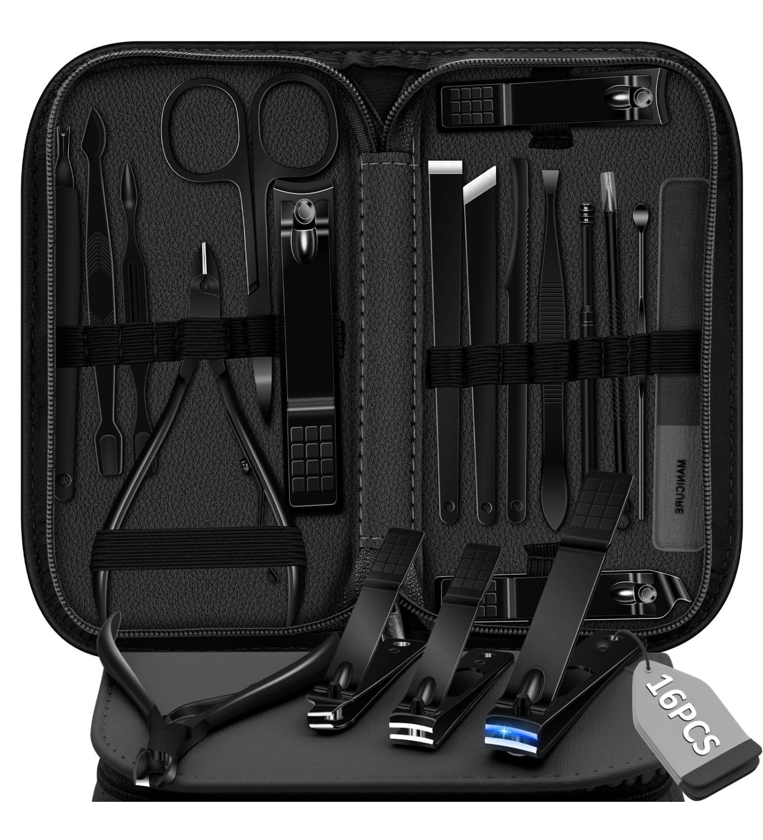 Manicure Set Pedicure Kit 16 Pcs Stainless Steel Nail Clippers Set Professional Nail Care Tools Grooming Kit with Portable Travel Leather Case for Men Women Black - Buy Online on GoSupps.com