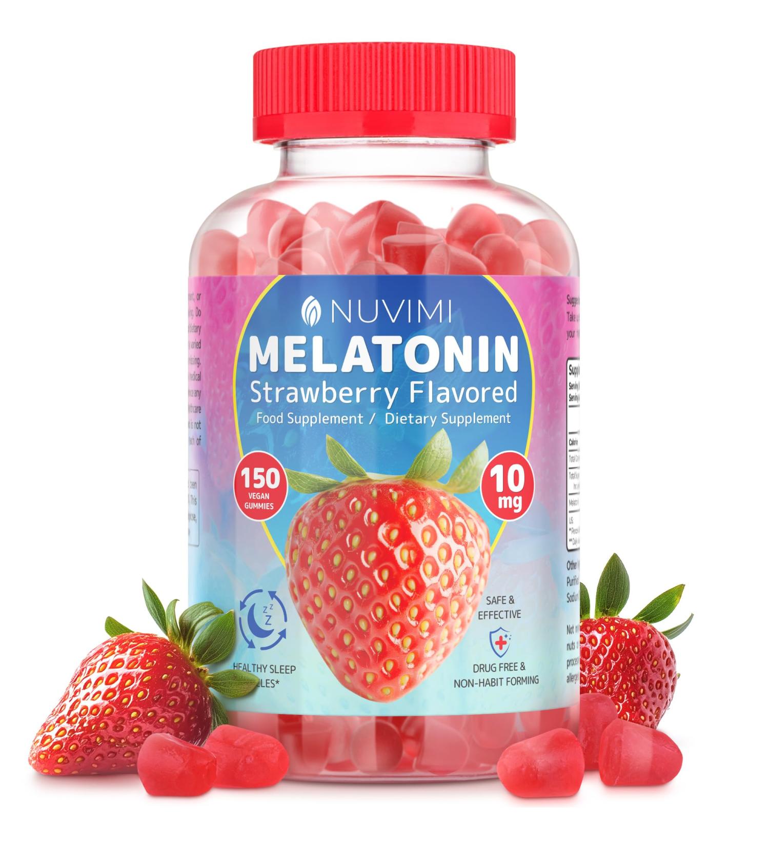 NUVIMI Melatonin Gummies - 10 mg Strawberry Flavored Dietary Food Supplement to Help Support Sleep - 150 Vegan Gummies - Buy Online on GoSupps.com