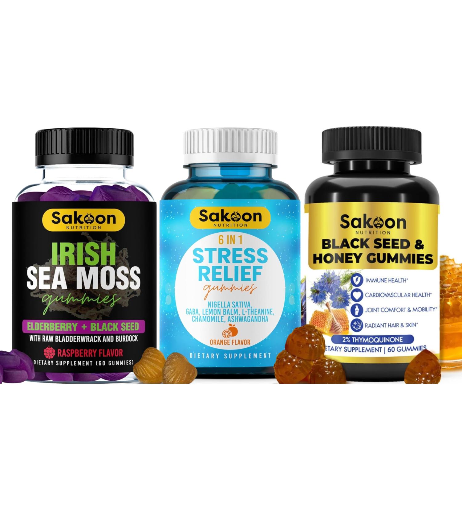 3-in-1 Superfood Gummies Bundle - Stress Relief Irish Sea Moss & Black Seed Oil - Immune Support Joint & Digestive Health Deep Sleep & Relaxation - 60ct Each