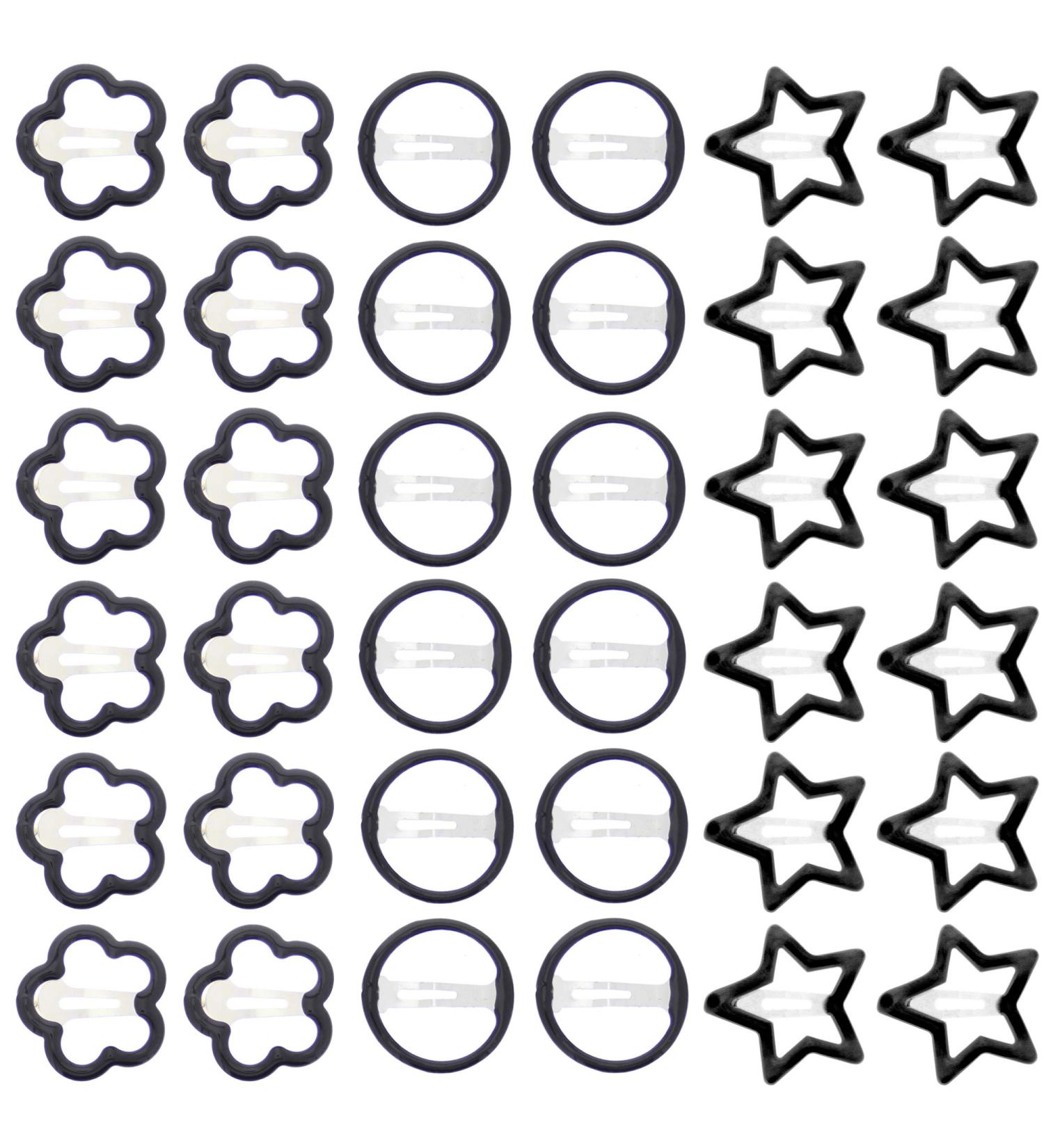 Zac's Alter Ego Set of 36 Assorted Shape Black or Tortoiseshell Sleepy Clips/Snap Hair Clips - Stars Circles & Flowers