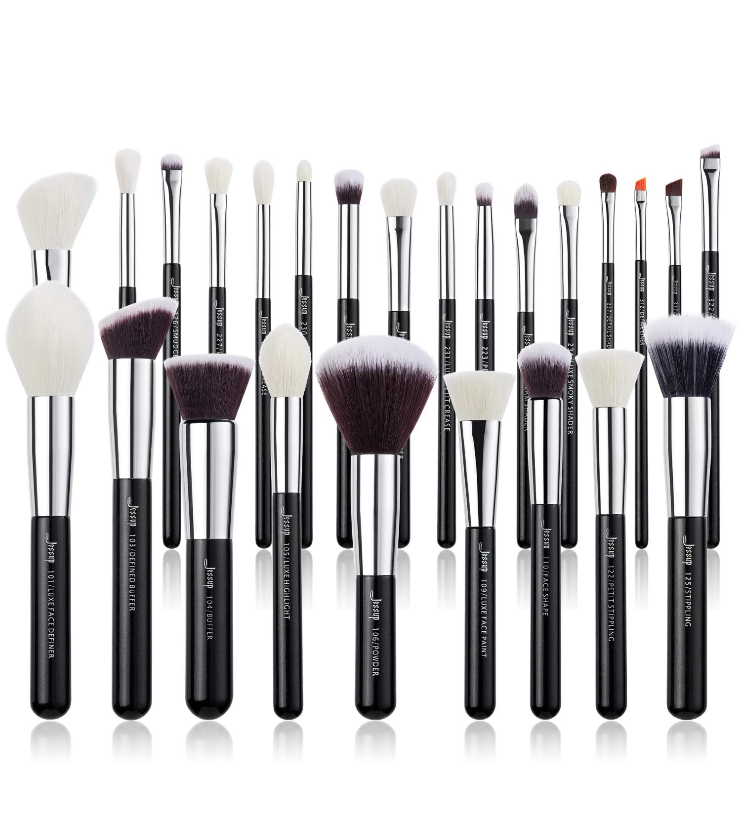 Jessup 25pcs Professional Makeup Brush Set - Beauty Cosmetic Brushes for Foundation, Powder, Blush, Eyeshadow, and Concealer - Natural-Synthetic Hair - Black/Silver - Buy Online on GoSupps.com