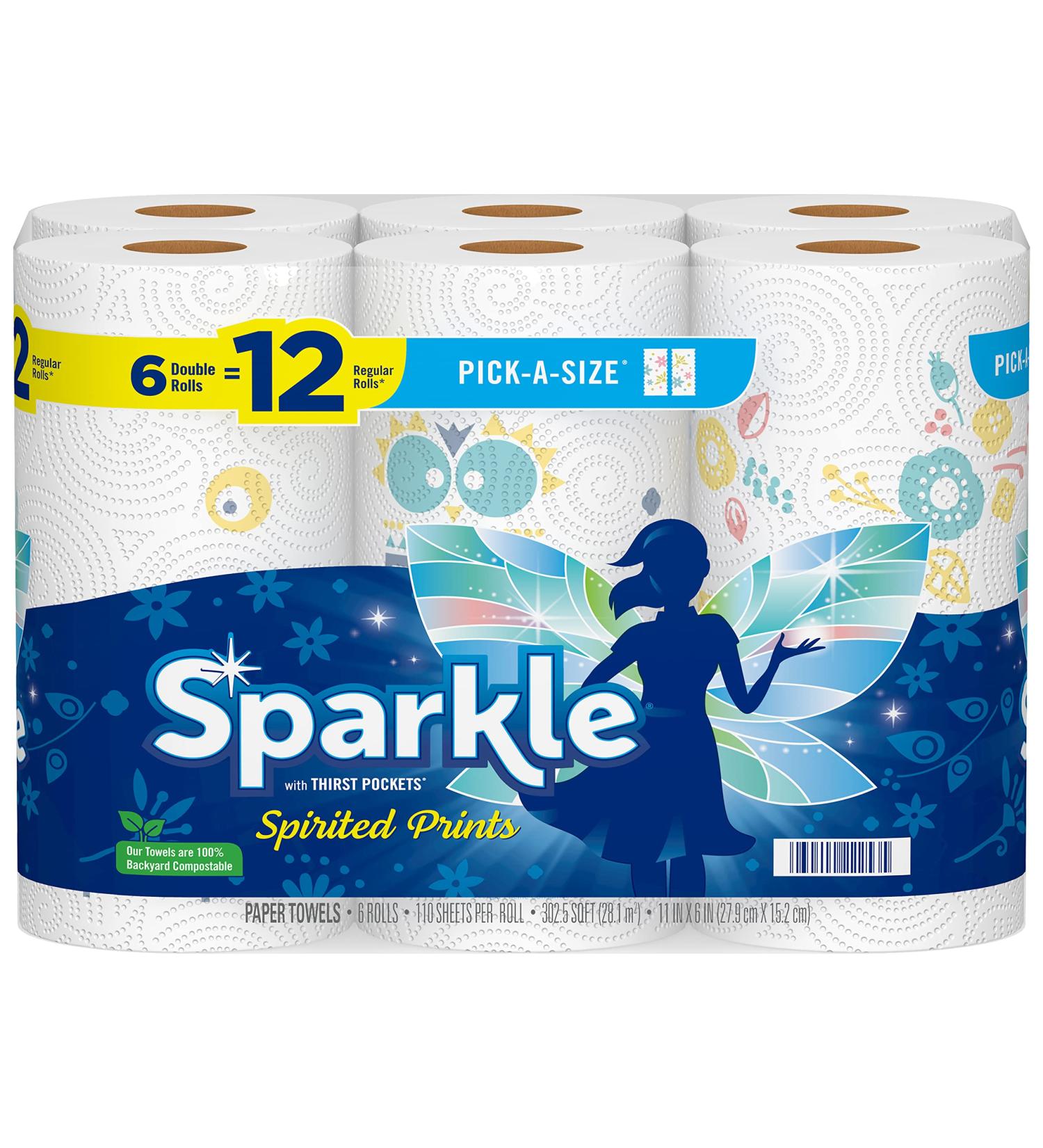 Sparkle Pick-A-Size Spirited Prints Paper Towels - 6 Double Rolls, 12 Regular Rolls, 110 Count - Buy Online on GoSupps.com