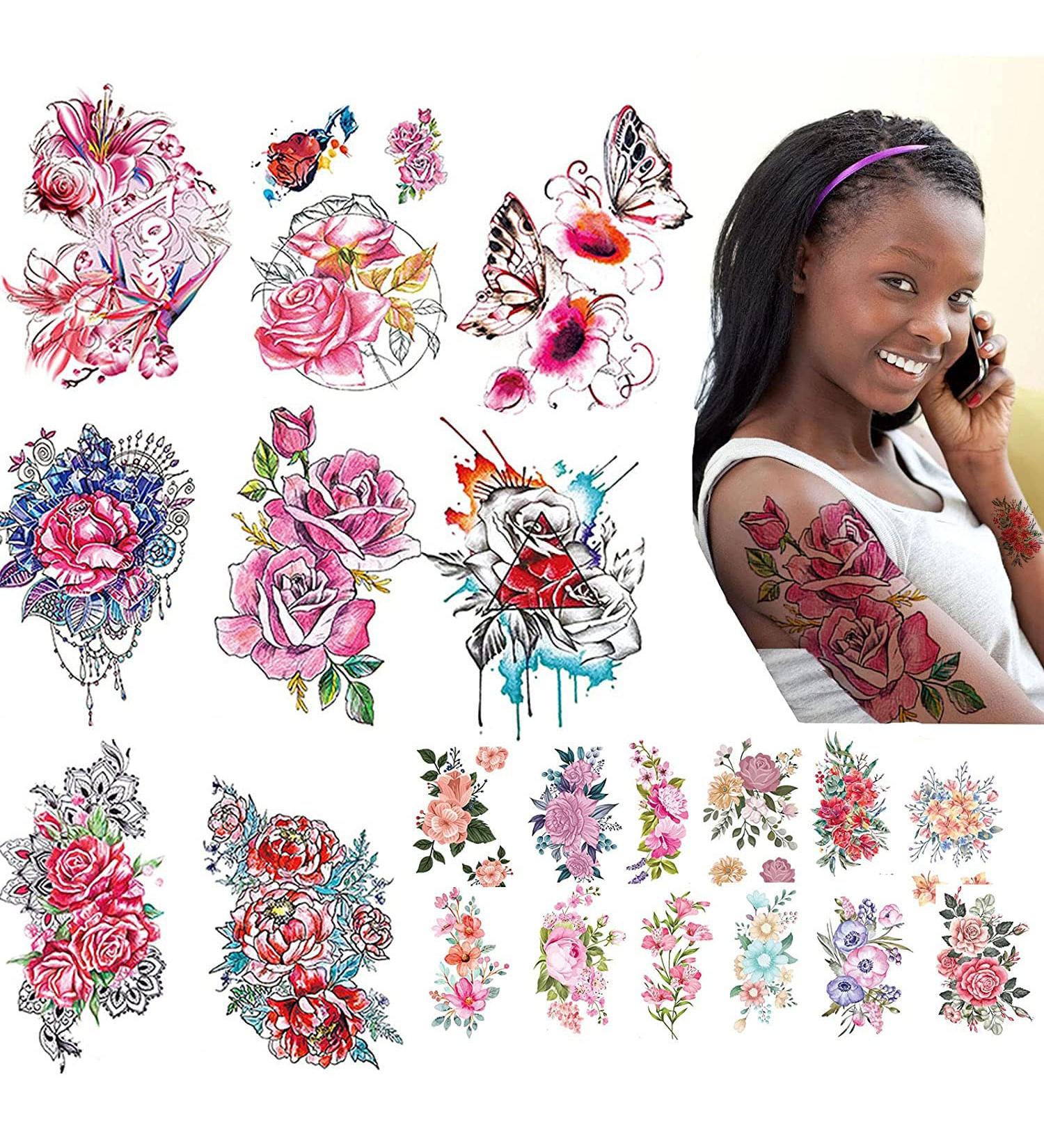 CAIJINEW 20 Sheets Large Flowers Temporary Tattoos - Waterproof, Long Lasting, Realistic Fake Arm Tattoo Stickers for Women, Girls, and Kids - Color 02 - Buy Online on GoSupps.com