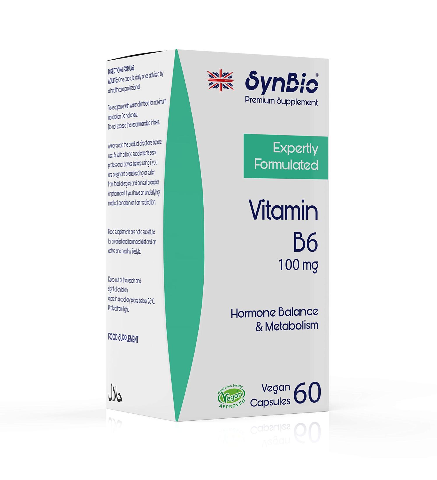 SynBio Premium Vitamin B6 100mg Capsules - Vegan Pyridoxine for Hormonal Balance & Energy | Reduces Fatigue | Promotes Red Blood Cell Formation | Made in UK - Buy Online on GoSupps.com