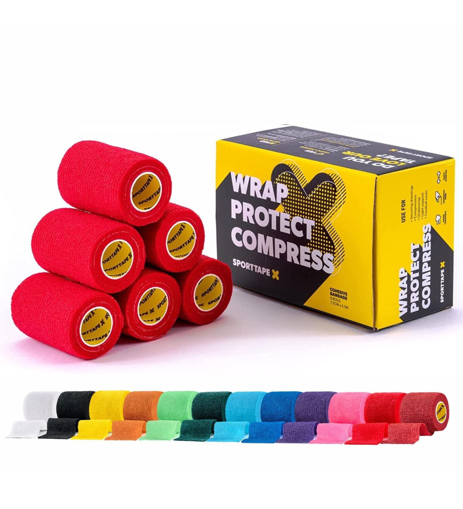 6 Rolls SPORTTAPE Self-Adhesive Football Sock Tape | 7.5cm x 4.5m - Red | Cohesive Bandage - Pet & Vet Wrap for Dogs & Horses | Compression Bandage Shin Pad Tape Football Ankle Tape Red 7.5x450 cm (Pack of 6) - Buy Online on GoSupps.com