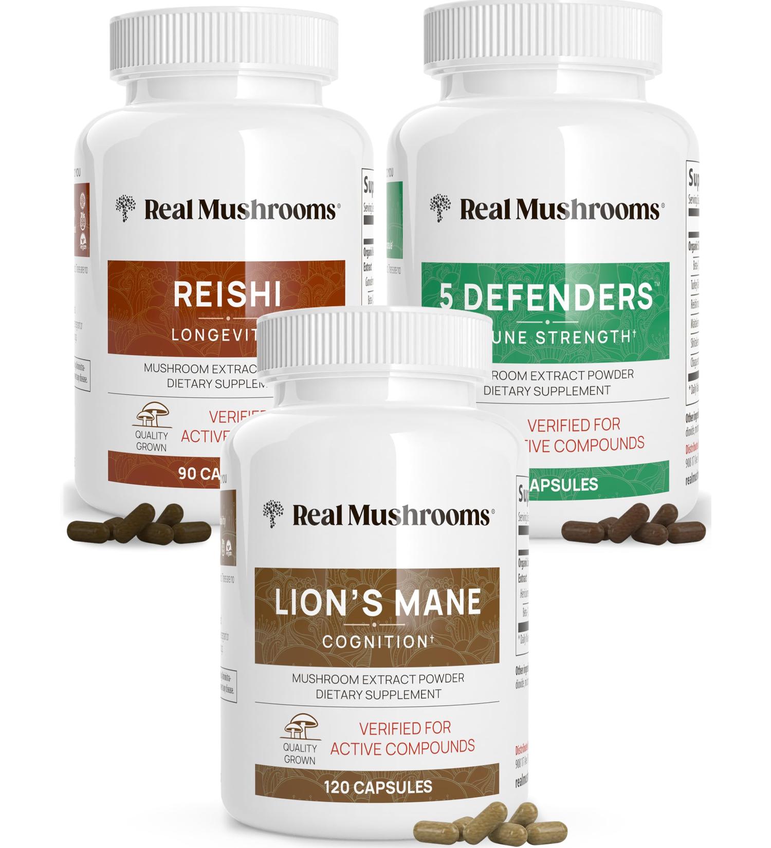 Real Mushrooms Lions Mane (120ct) Reishi (90ct) 5 Defenders (90ct) Capsules Bundle - Mushroom Supplement for Cognition Longevity Relaxation & Immune Strength - Vegan Non-GMO - Buy Online on GoSupps.com