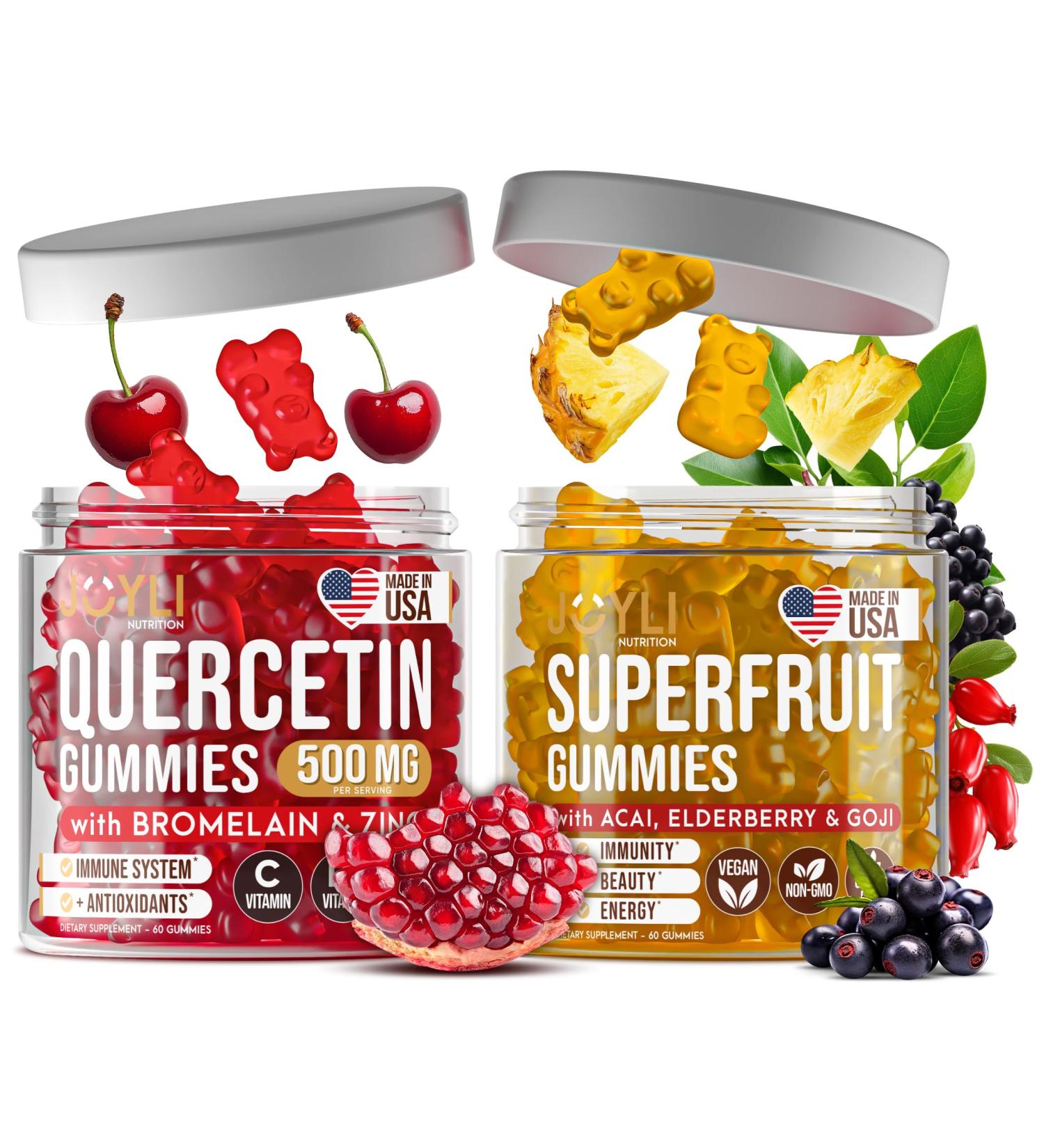 Joyli Quercetin & Superfruit Gummies Bundle Immune & Antioxidant Support Vegan Multivitamin Formula with Vitamins A C D E Zinc Goji & Elderberry 2 Pack for Adults - Buy Online on GoSupps.com