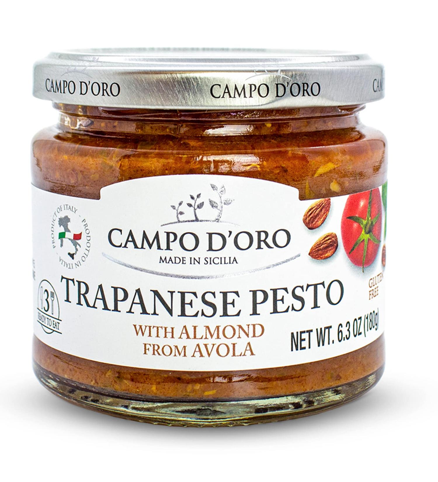 Campo D'Oro Trapanese Pesto Sauce with Tomato, Basil & Almonds - 6.3oz (180g), 100% Made in Italy - Buy Online on GoSupps.com