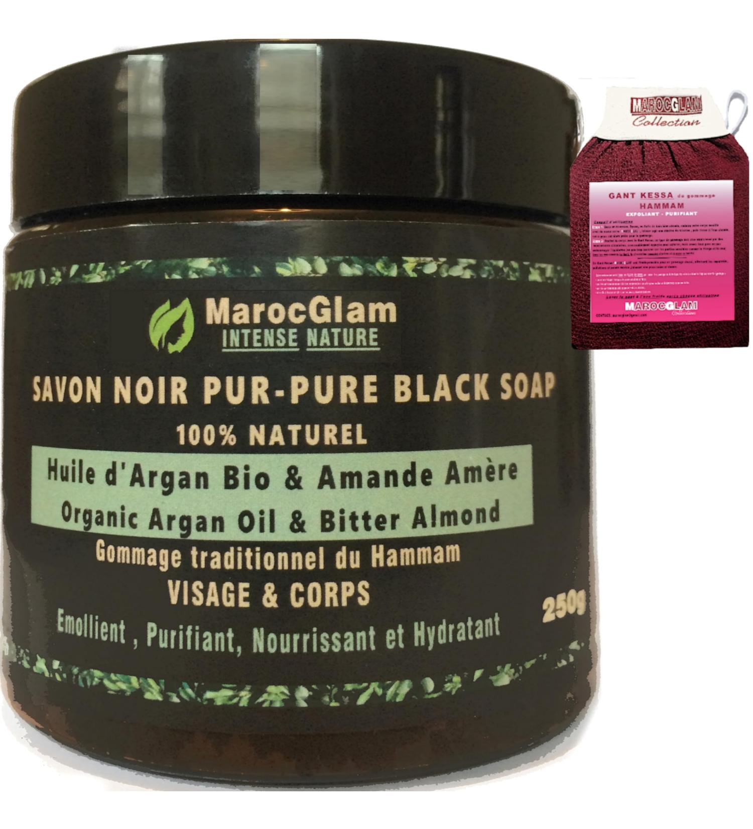 Black Hammam Soap with Organic Argan Oil and Bitter Almonds 250 g + Kessa Scrub Glove. Body and Face Black Soap Scrub Purifying Moisturizing and Nourishing - Buy Online on GoSupps.com