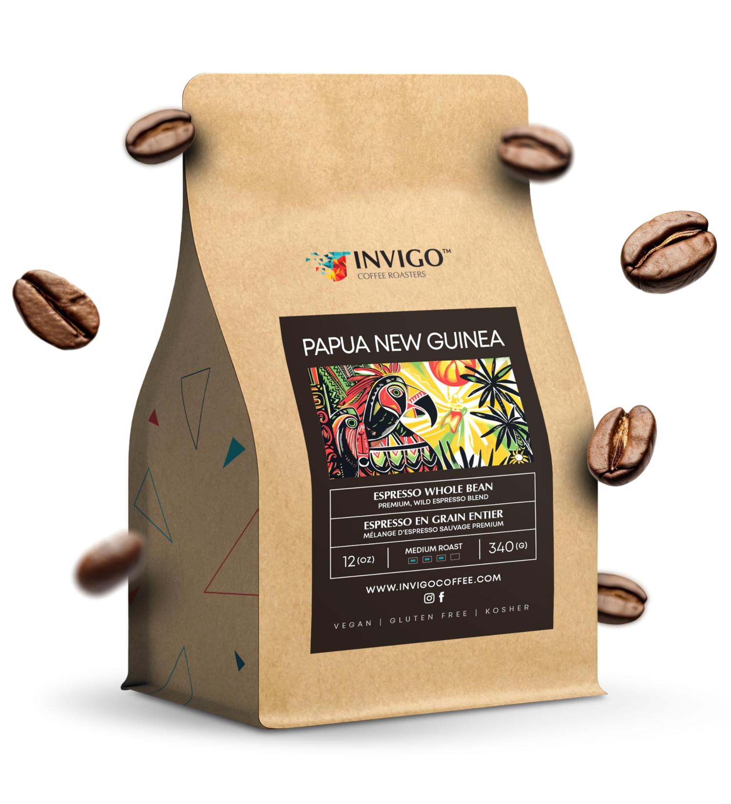 Invigo Espresso Coffee Beans 340g - Aroma-Rich Whole Coffee Bean Small Batch Local Premium Roasting Vegan & Gluten-Free Birthday or Christmas Gift for Coffee Lovers Whole Bean Papua New Guinea - Buy Online on GoSupps.com