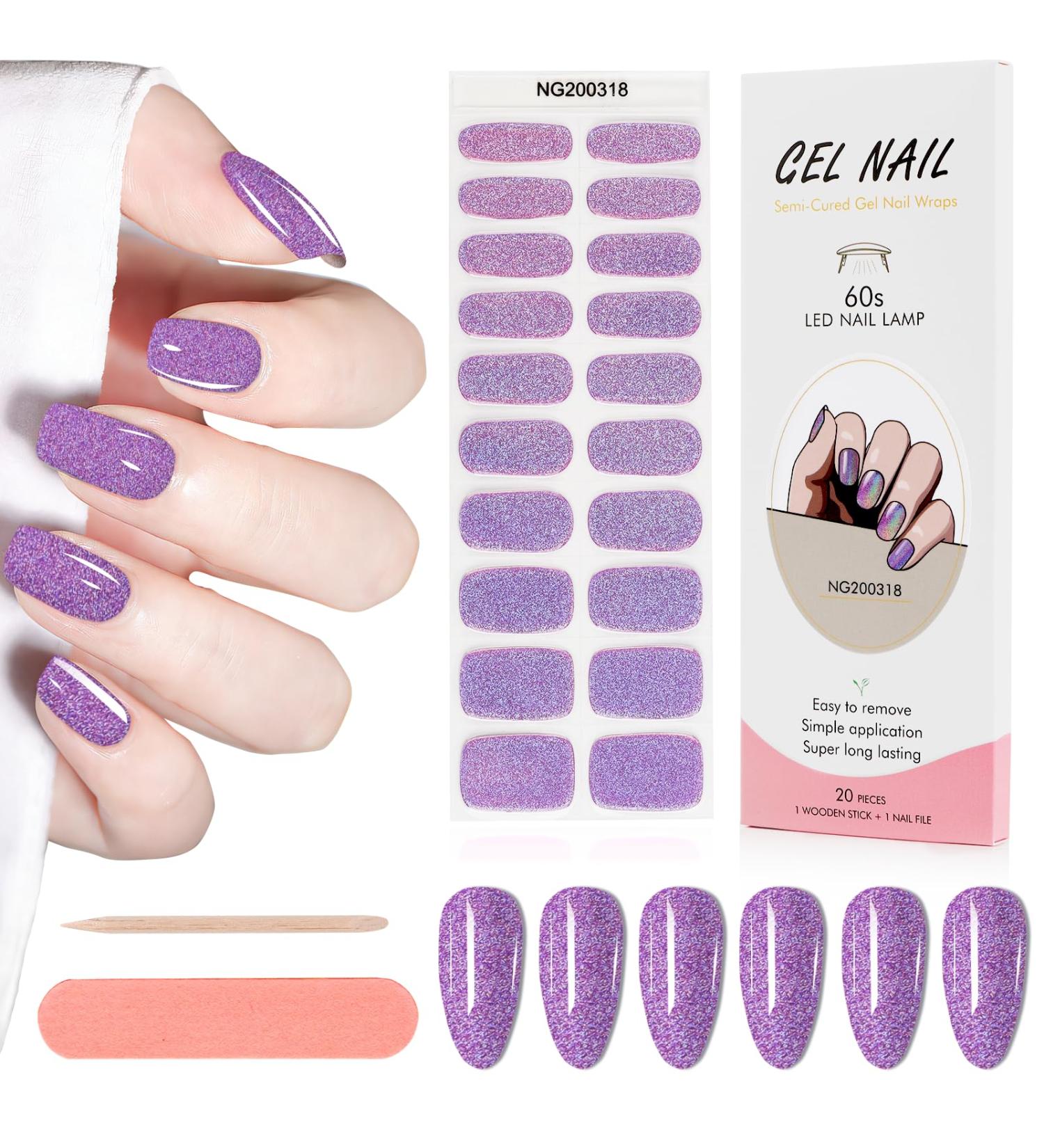 Kalolary 20PCS Glitter Purple Nail Gel Polish Strips - Self-Adhesive Full Wraps | Nail Stickers for UV/LED Lamp | Cured Gel Nail Decals - Buy Online on GoSupps.com