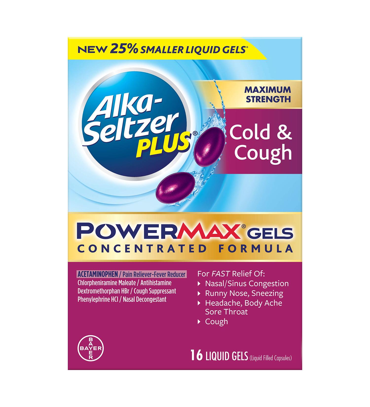 Alka Seltzer Plus Maximum Strength PowerMax Cold and Cough Medicine Liquid Gels for adults with Pain Reliever Fever Reducer Cough Suppressant and Nasal Decongestant 16 count - Buy Online on GoSupps.com