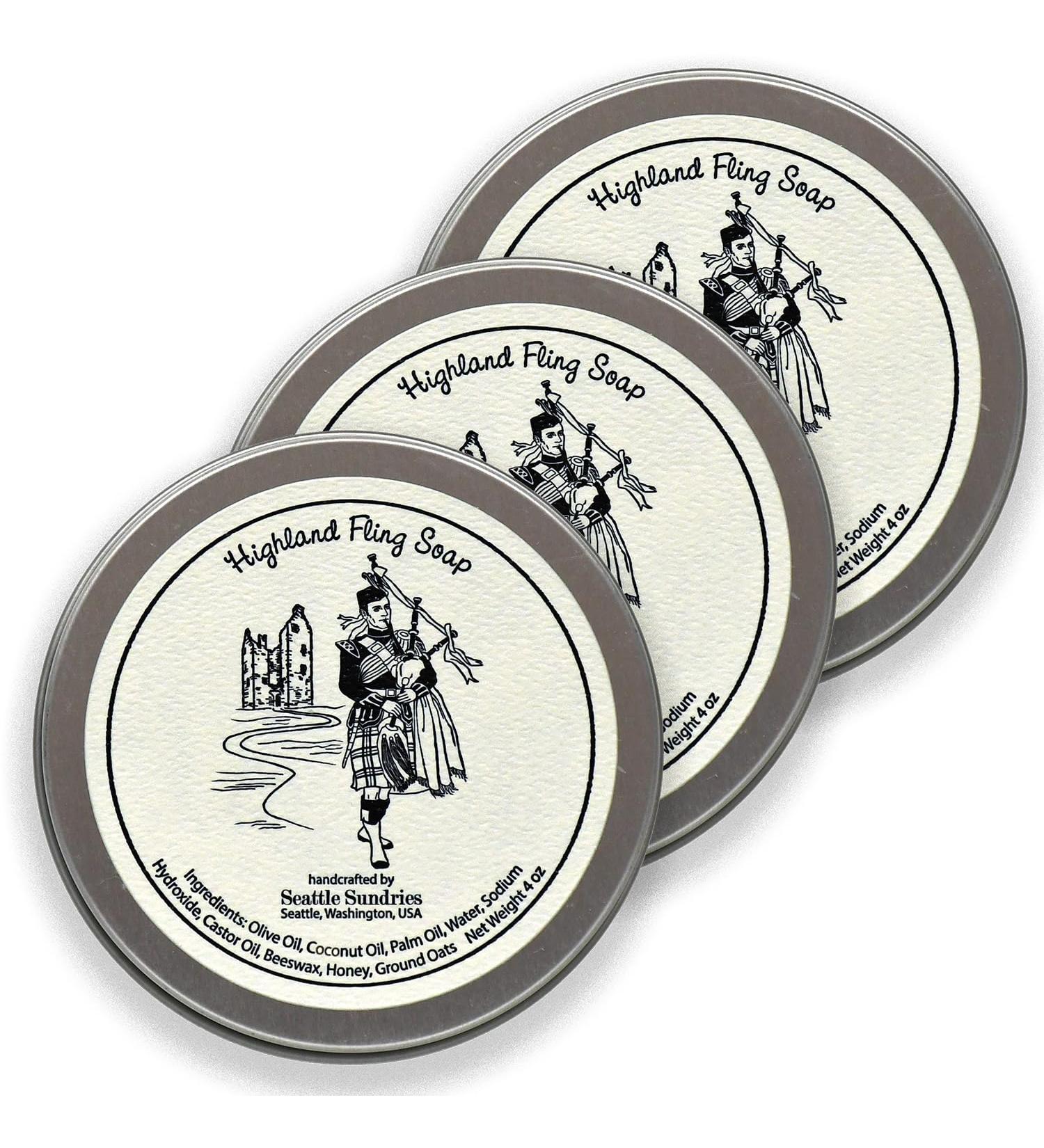 Sweet Honey & Oatmeal Soap for Women & Men - 3x (4oz) Exfoliating All-Natural Bar Soap in a Reusable Travel Tin - Highlander Theme Gift Pack Bundle Set